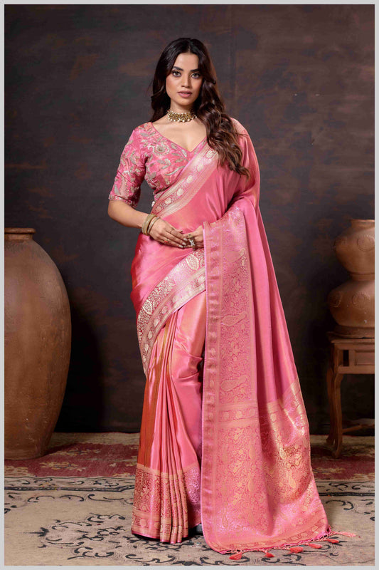 Elegant Pink Designer Tissue Saree with Embellished Blouse.