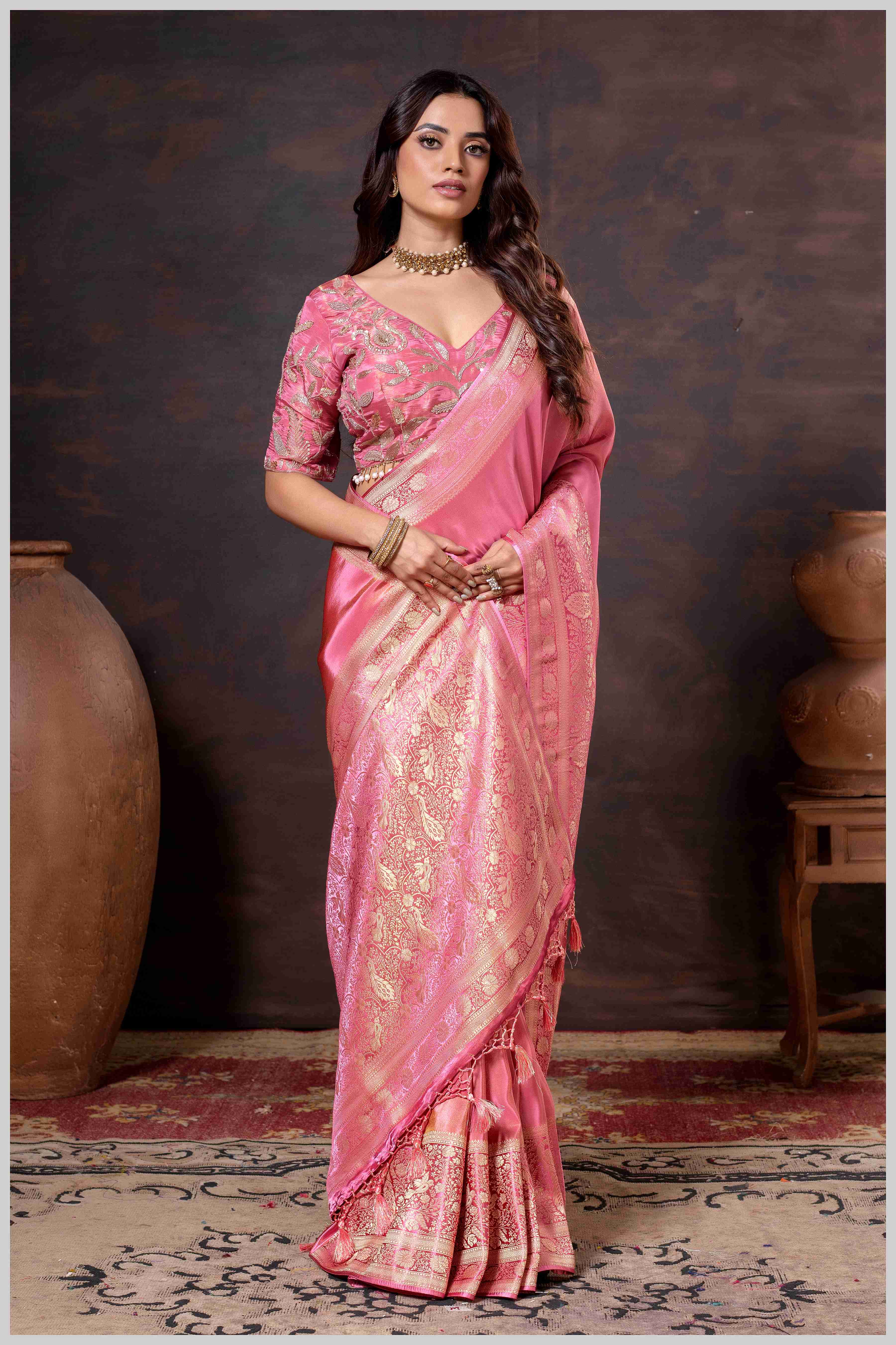 Elegant Pink Designer Tissue Saree with Embellished Blouse.