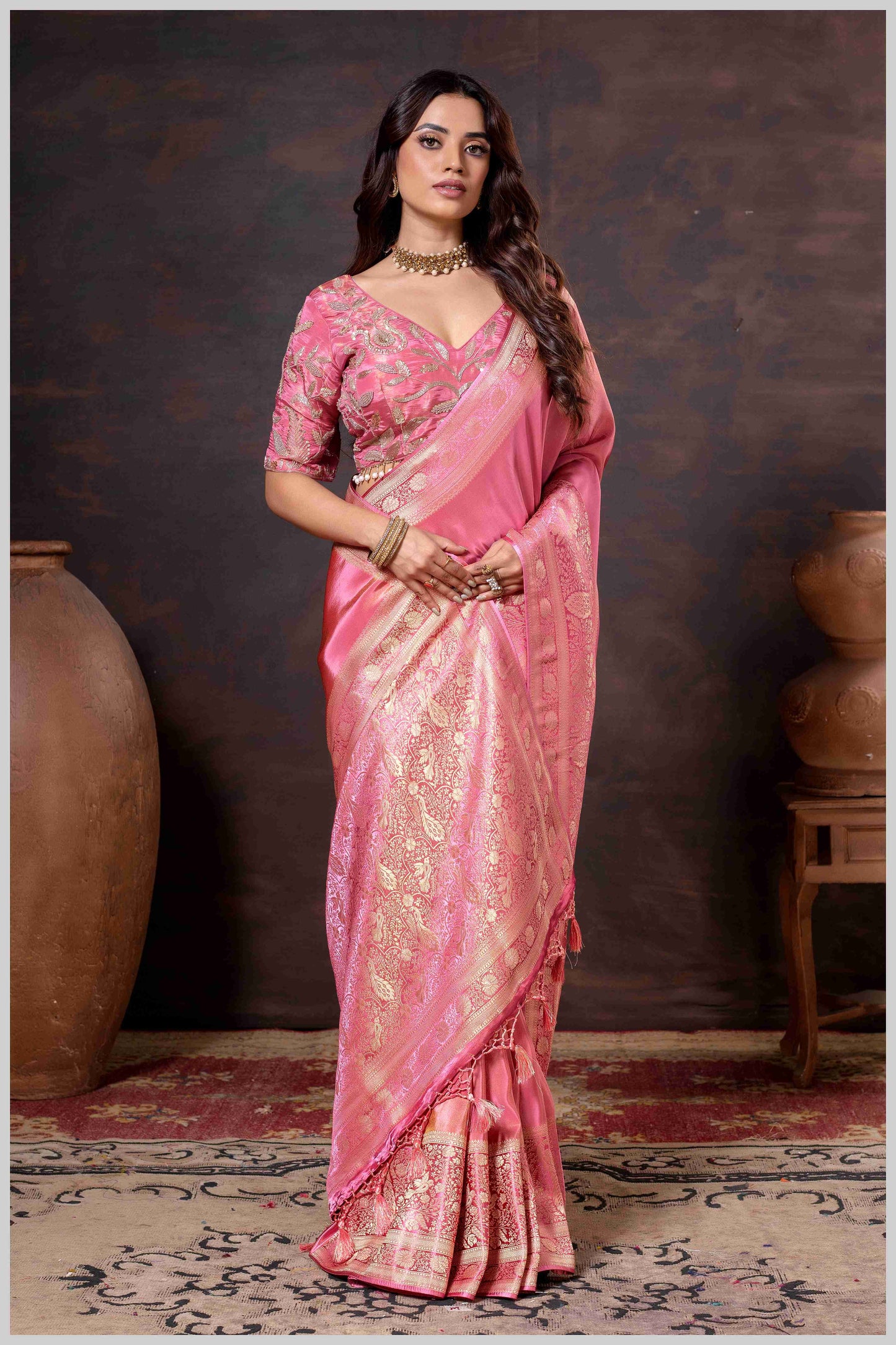 Elegant Pink Designer Tissue Saree with Embellished Blouse.