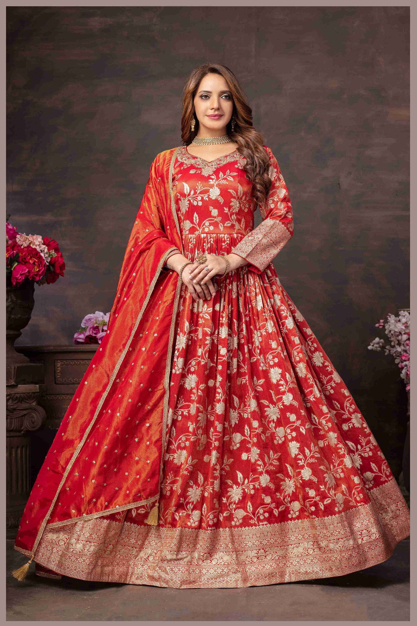 Elegant Red Anarkali with  Designer Dupatta