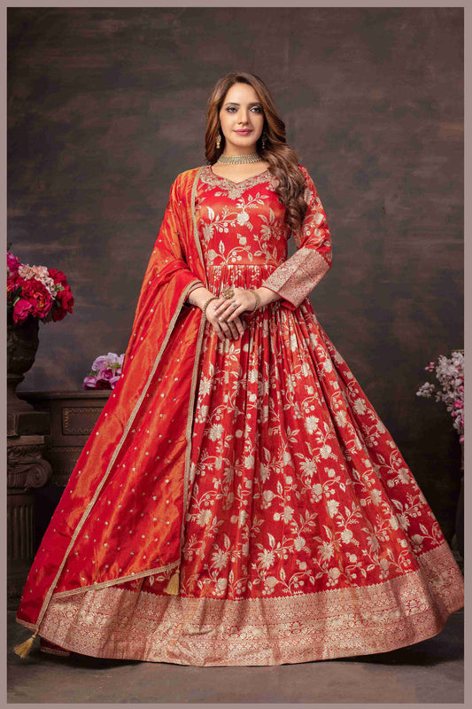 Elegant Red Anarkali with  Designer Dupatta