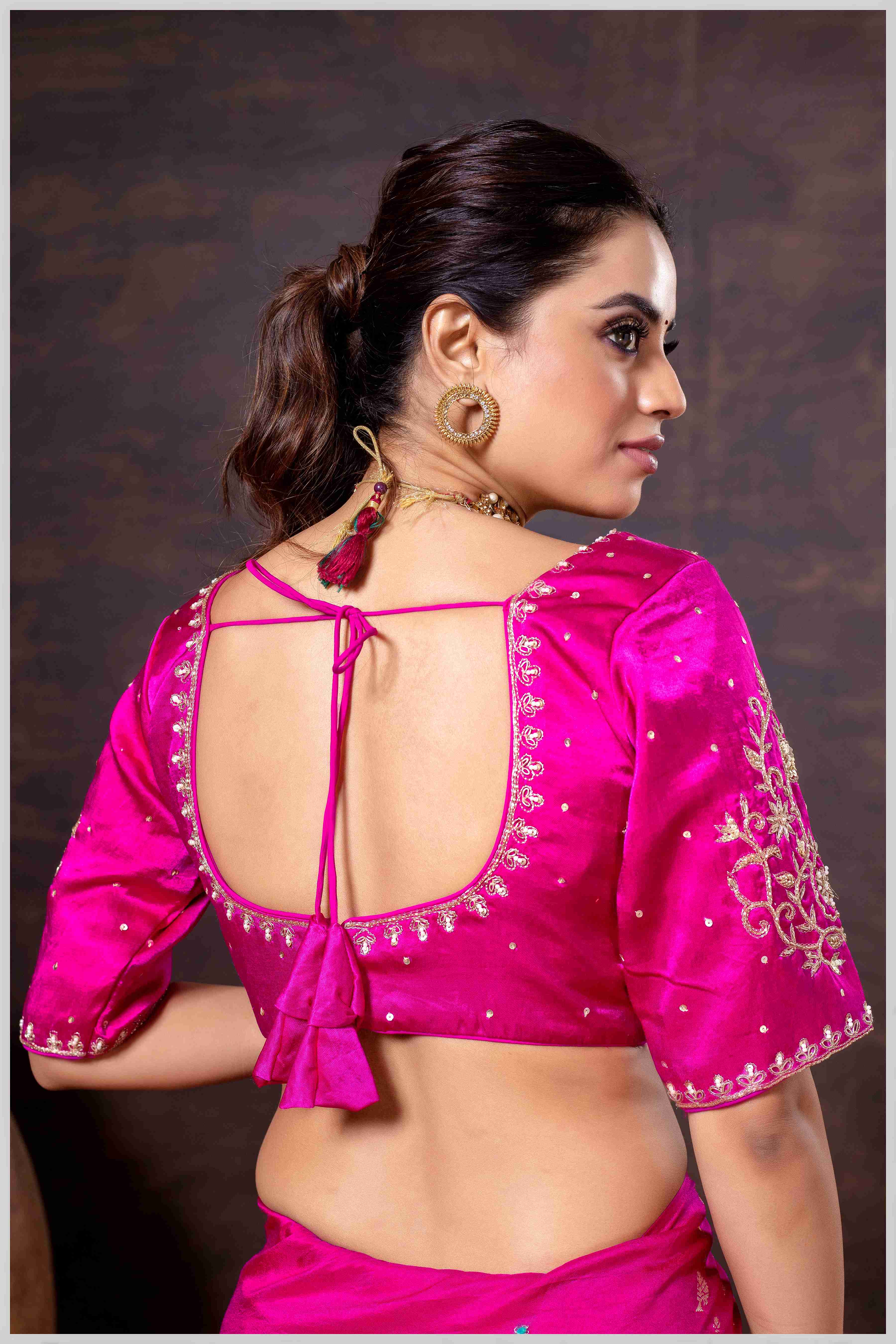 Vibrant Rani Pink Zari Banarasi Silk Saree with Embroidered Stitched Blouse