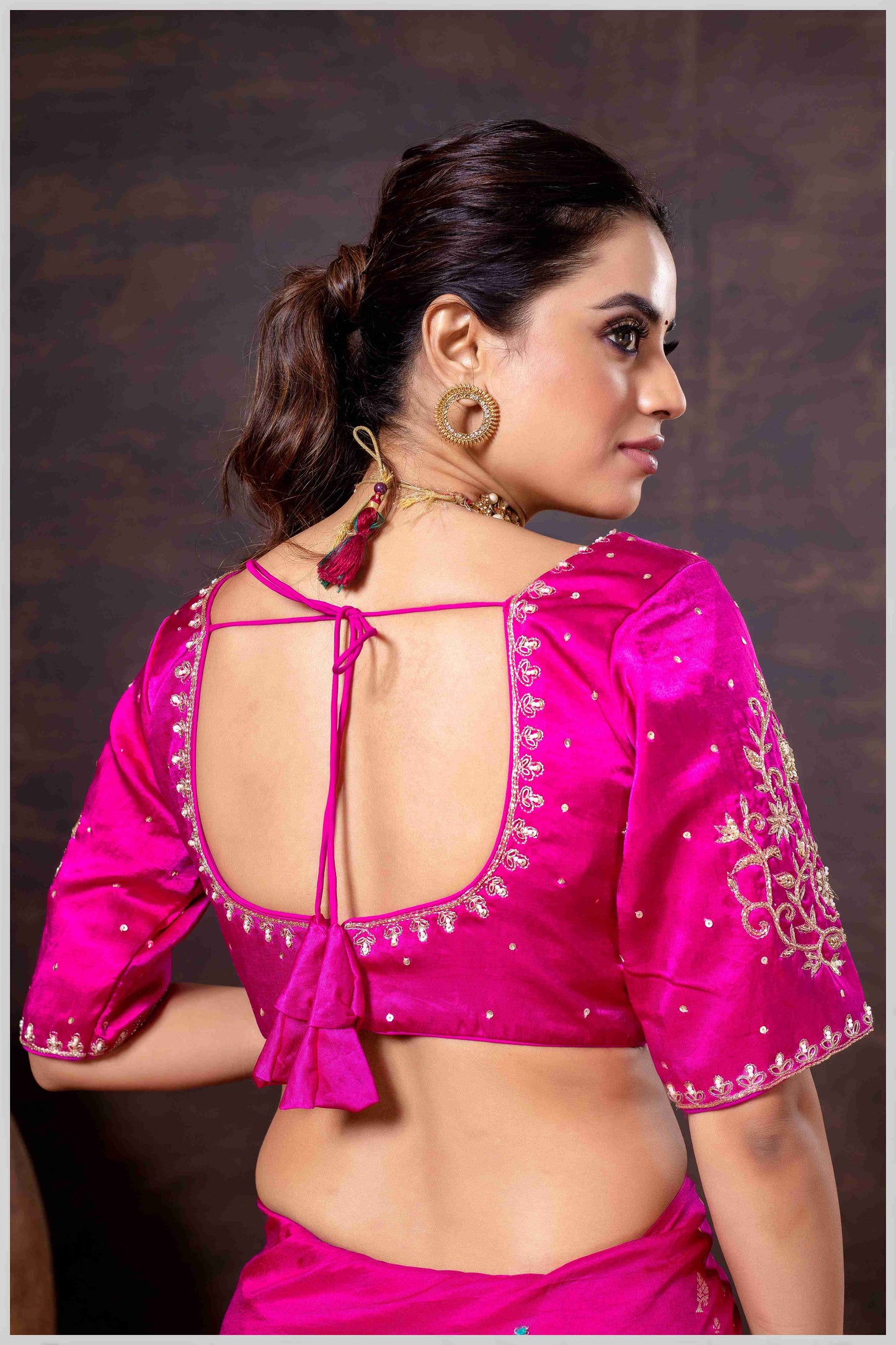 Vibrant Rani Pink Zari Banarasi Silk Saree with Embroidered Stitched Blouse