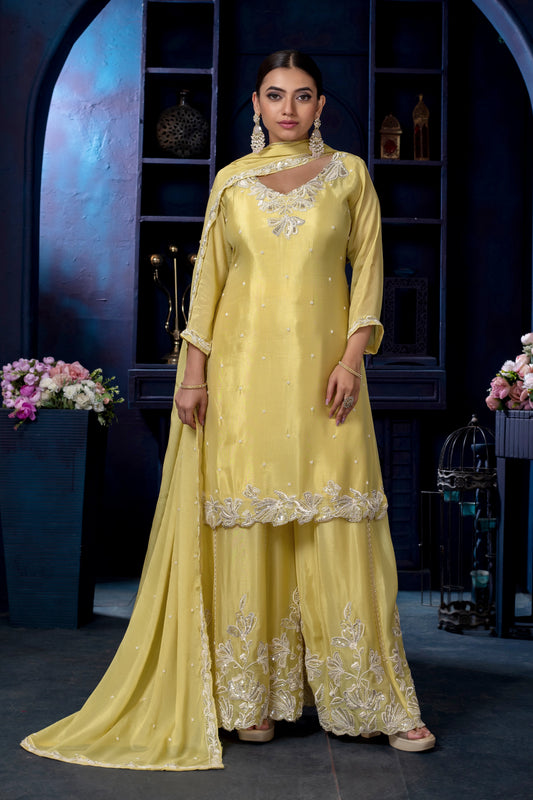 Chinon Beads Work Kurta Palazzo Set with Dupatta