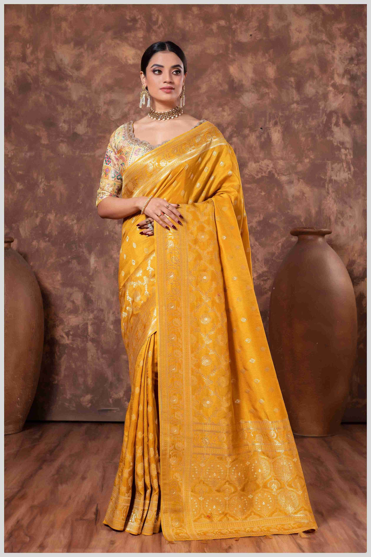 Mustard Banarasi Saree with Intricate Zari Weaving