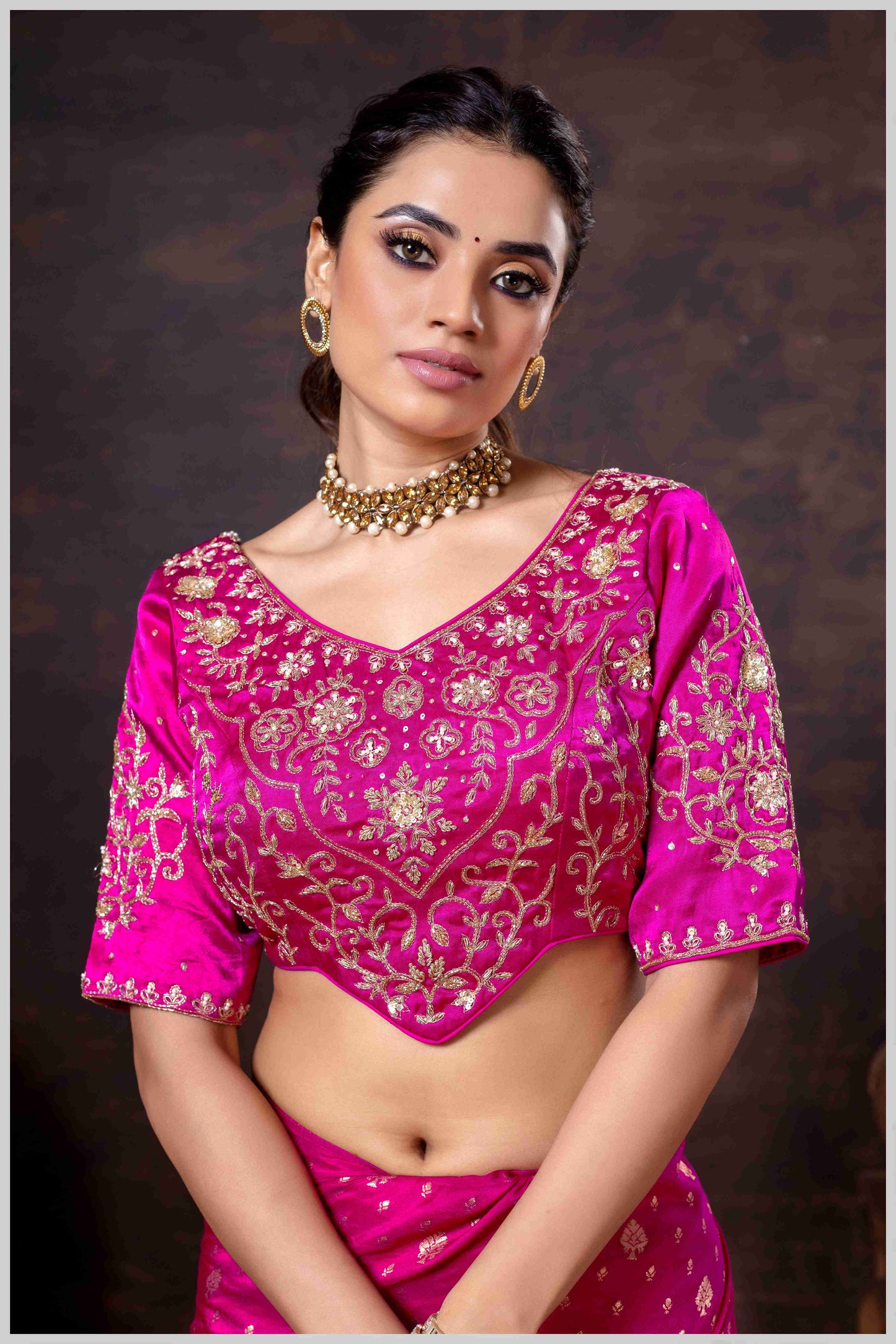 Vibrant Rani Pink Zari Banarasi Silk Saree with Embroidered Stitched Blouse