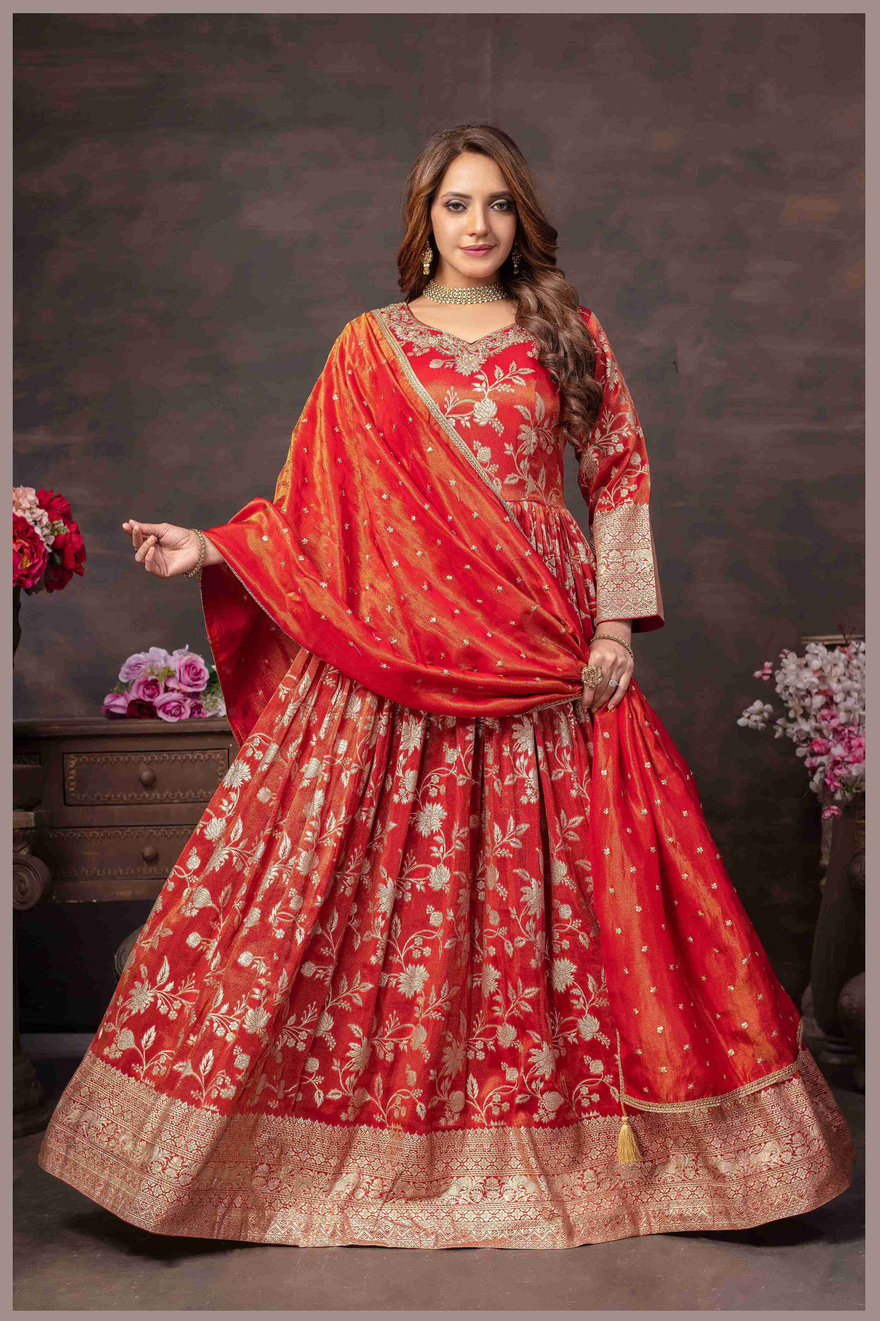 Elegant Red Anarkali with  Designer Dupatta