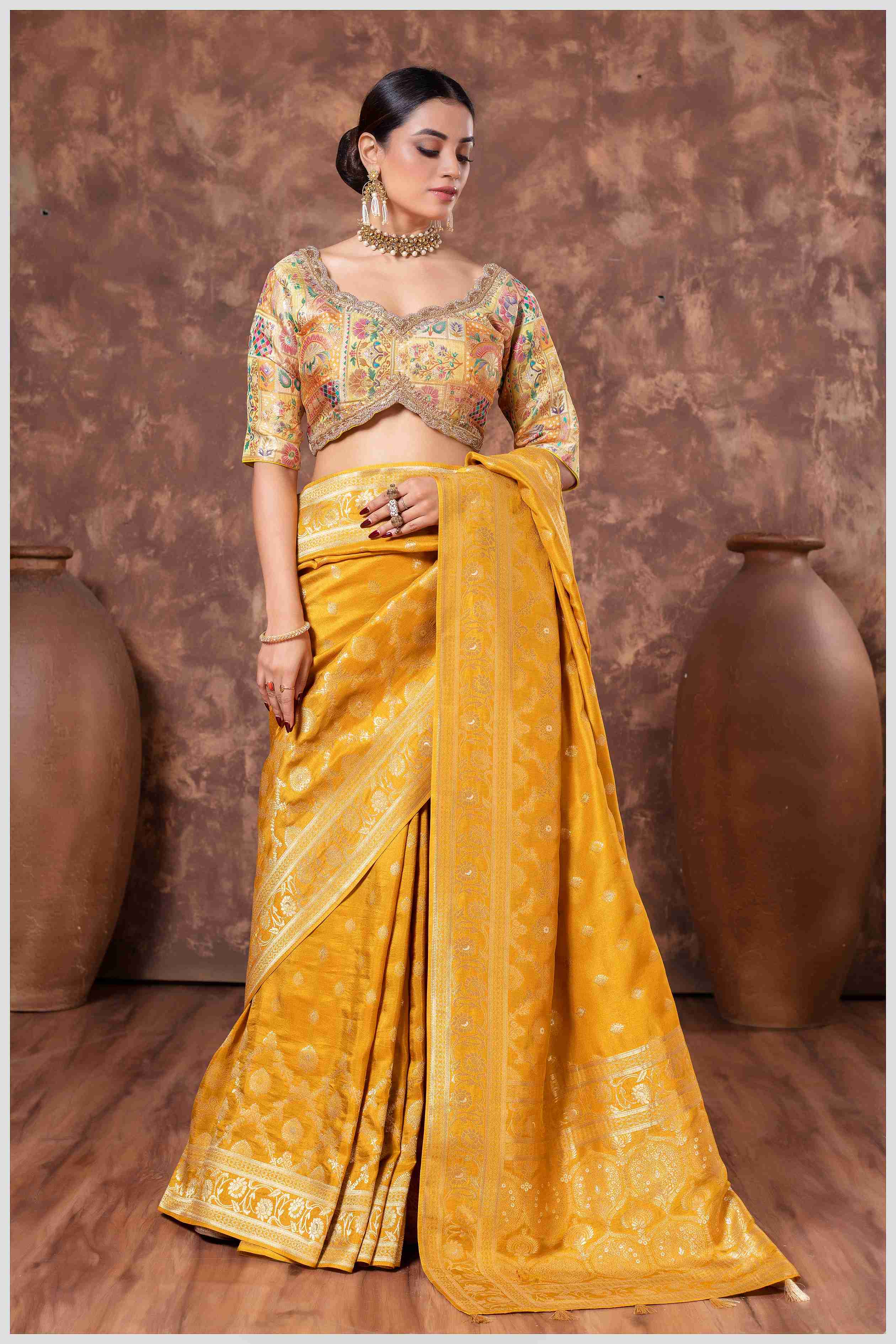 Mustard Banarasi Saree with Intricate Zari Weaving