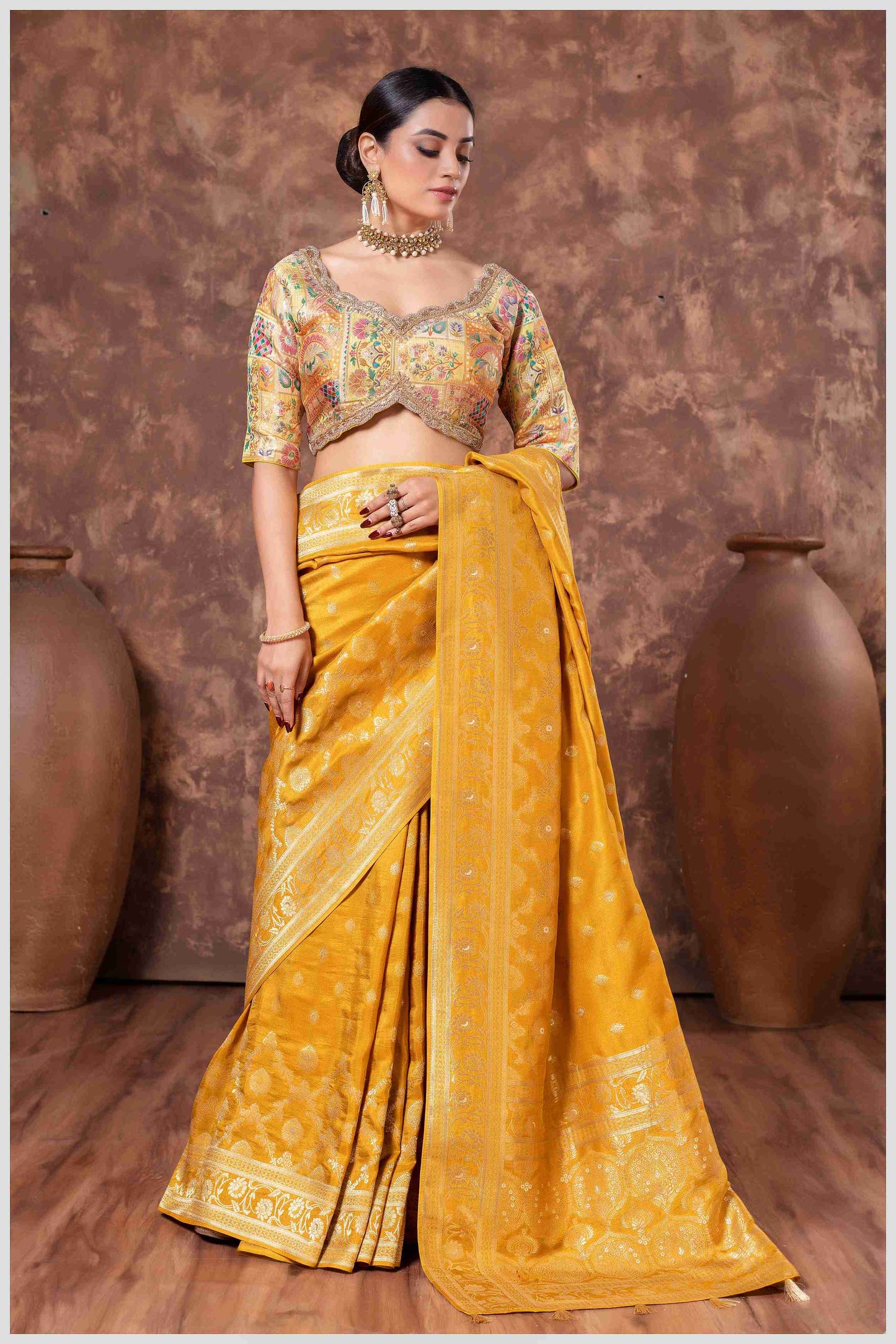 Mustard Banarasi Saree with Intricate Zari Weaving