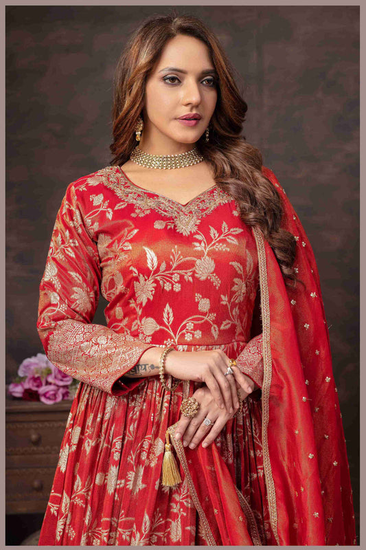 Elegant Red Anarkali with  Designer Dupatta