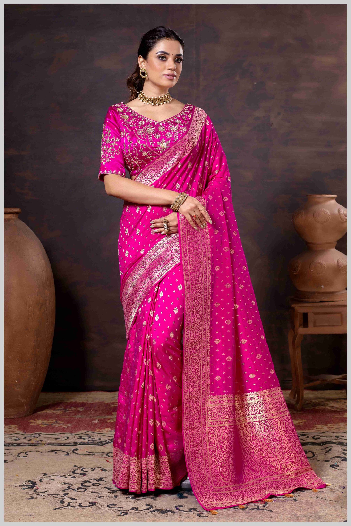 Vibrant Rani Pink Zari Banarasi Silk Saree with Embroidered Stitched Blouse