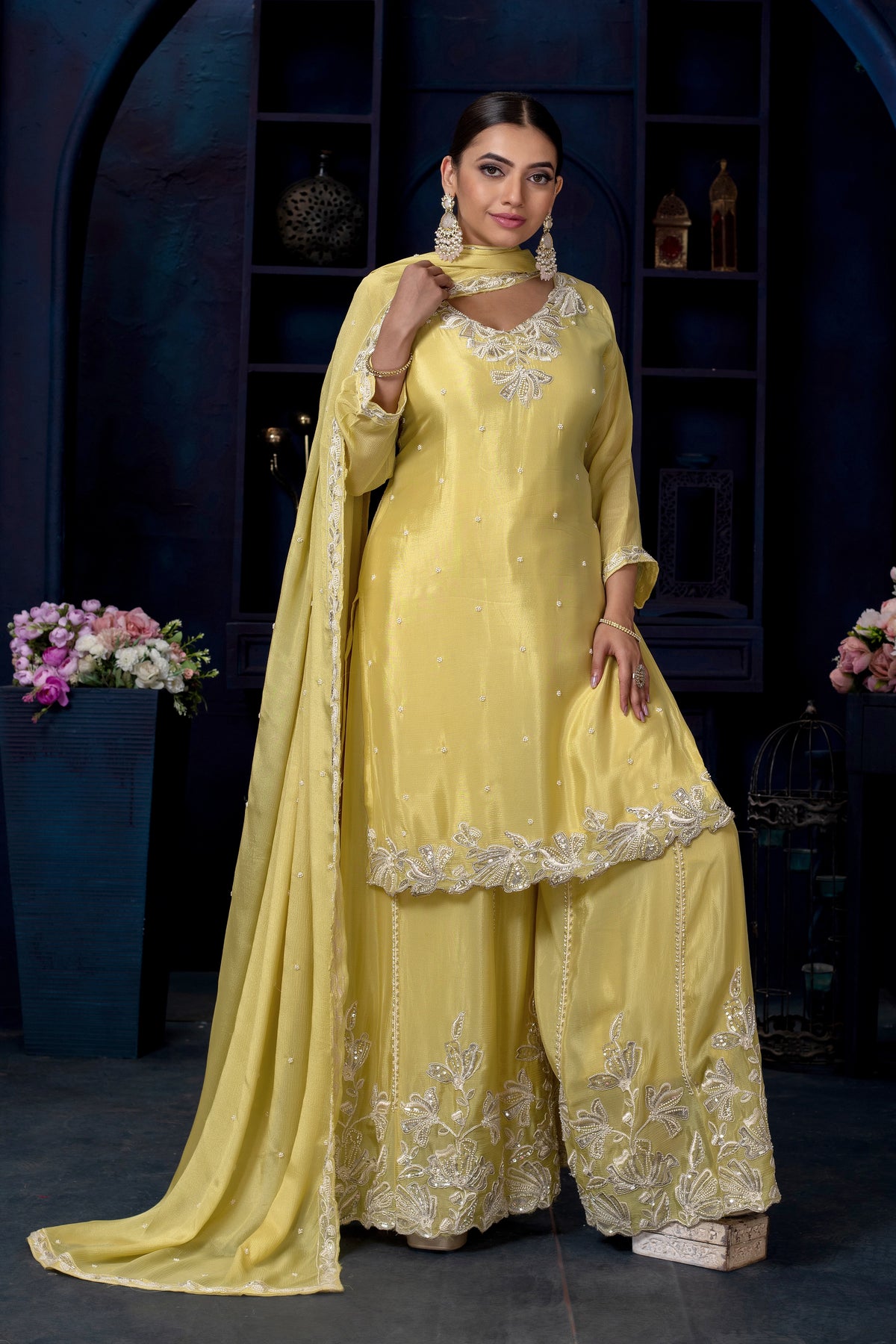 Chinon Beads Work Kurta Palazzo Set with Dupatta