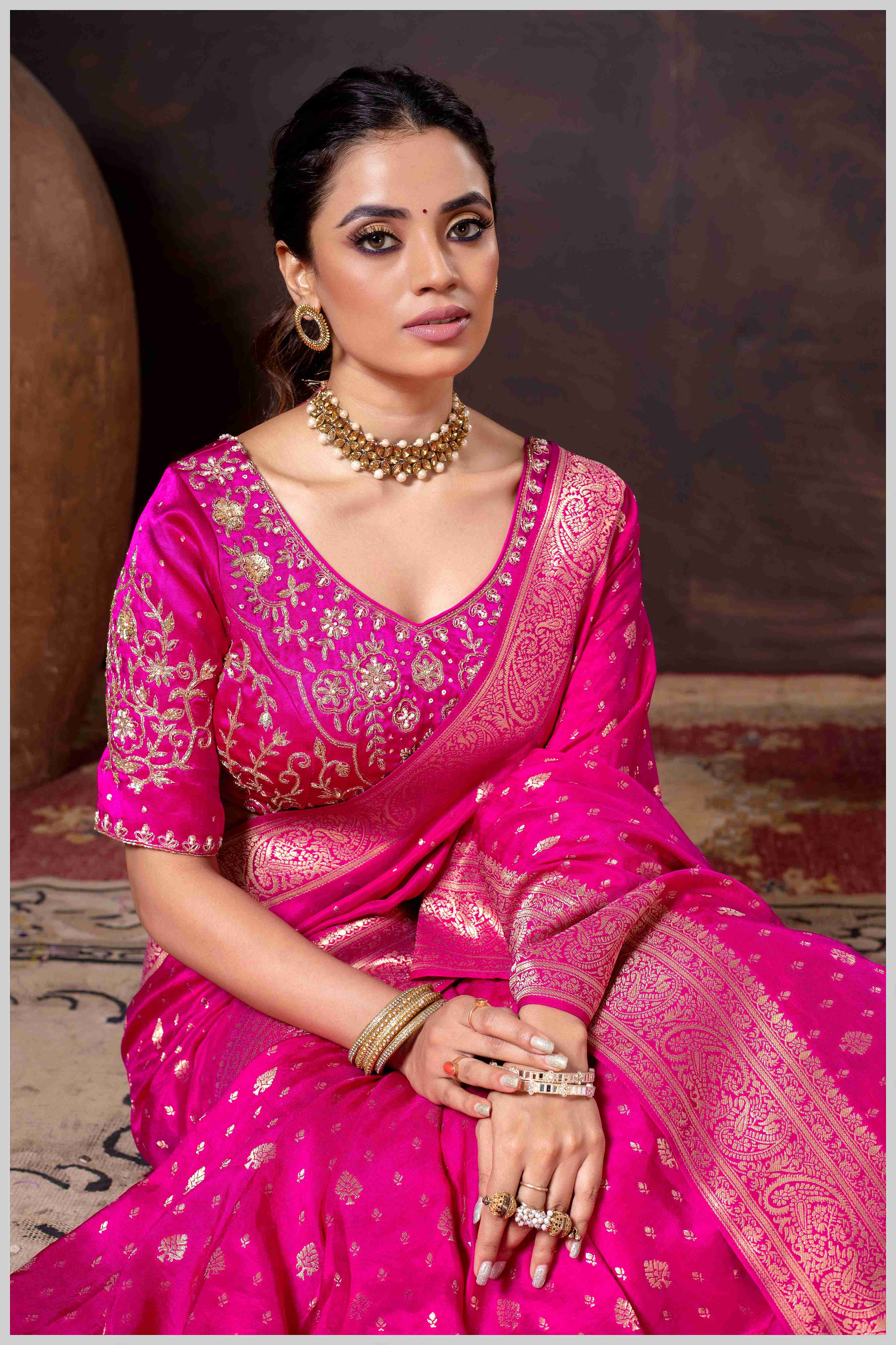Vibrant Rani Pink Zari Banarasi Silk Saree with Embroidered Stitched Blouse