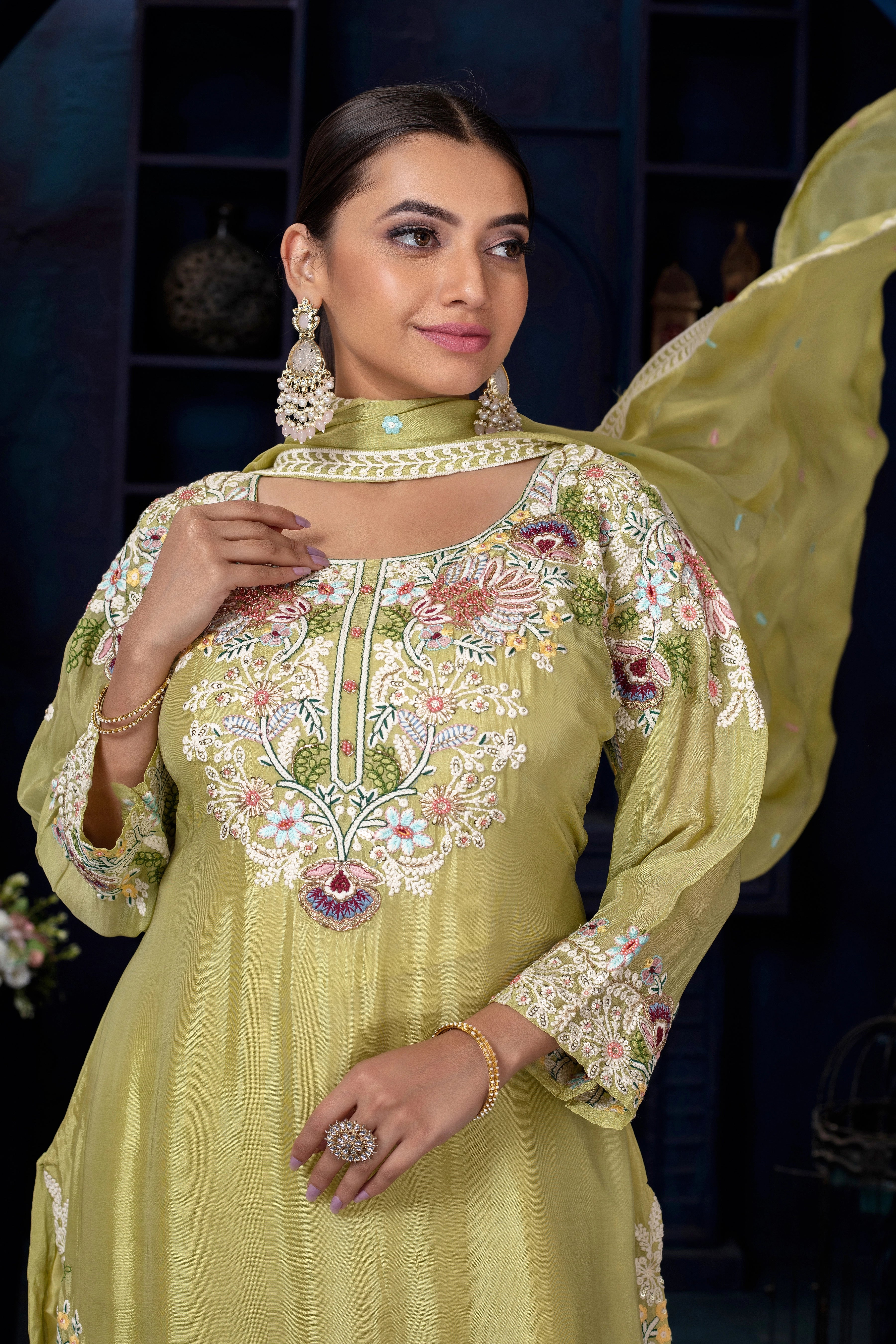 Chinon Embroidered Kurta Palazzo Set with Dupatta