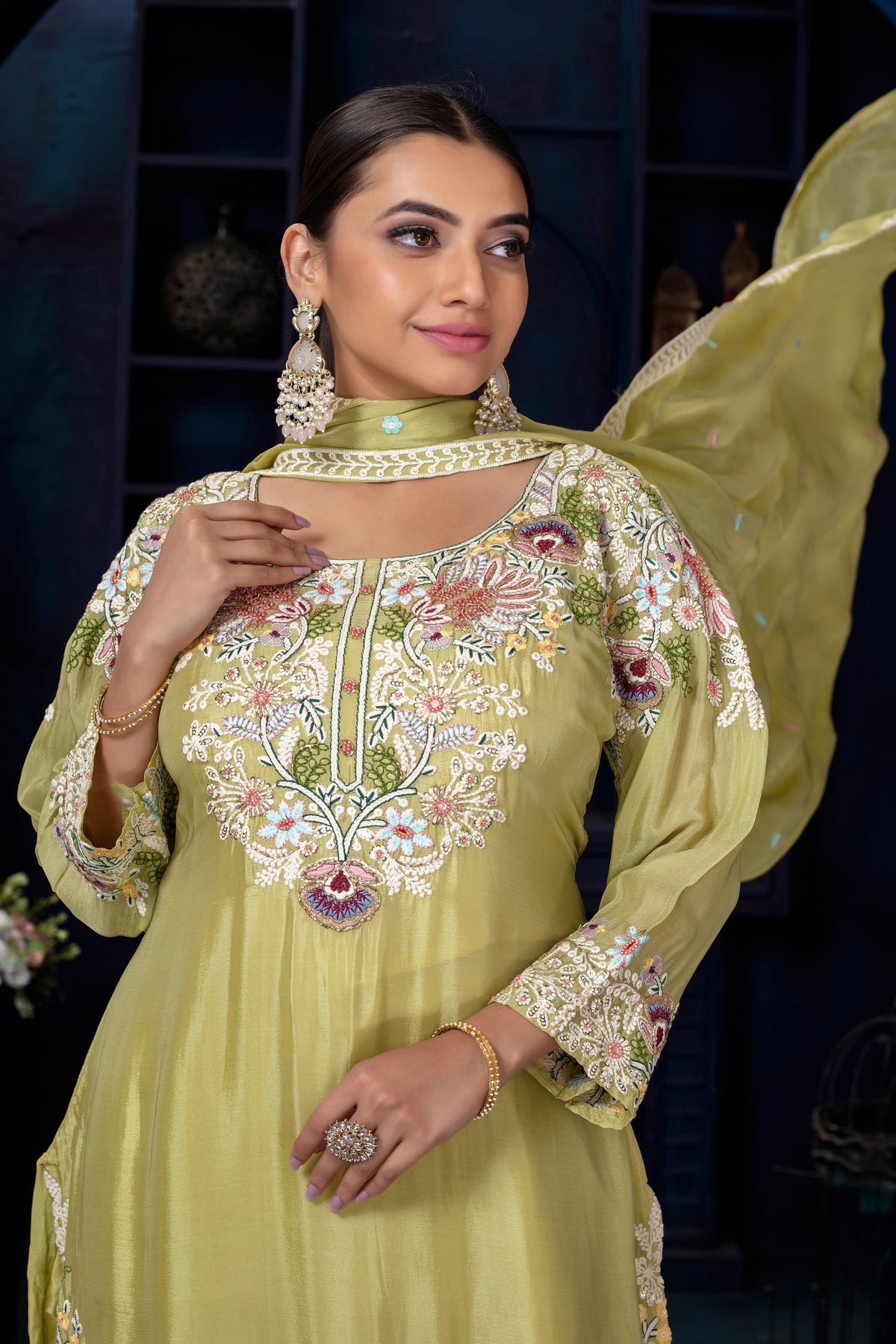 Chinon Embroidered Kurta Palazzo Set with Dupatta