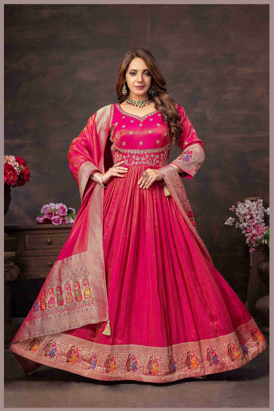 Pink Anarkali with Folk Motif Silk Dupatta