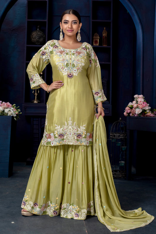 Chinon Embroidered Kurta Palazzo Set with Dupatta