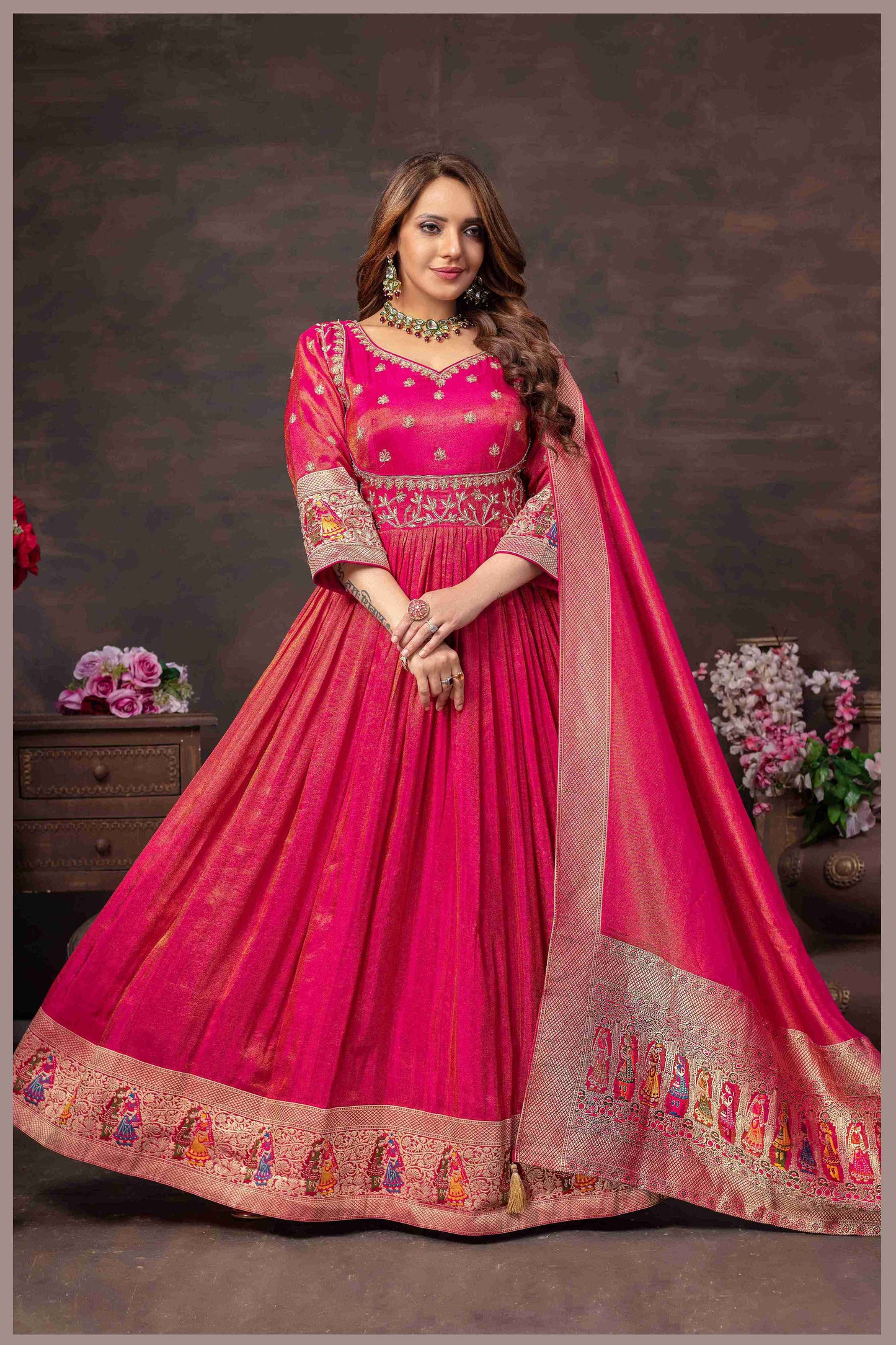 Pink Anarkali with Folk Motif Silk Dupatta