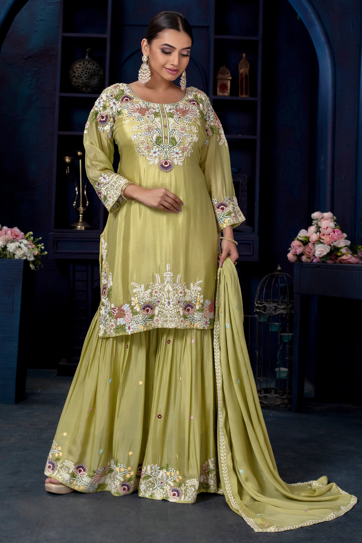 Chinon Embroidered Kurta Palazzo Set with Dupatta