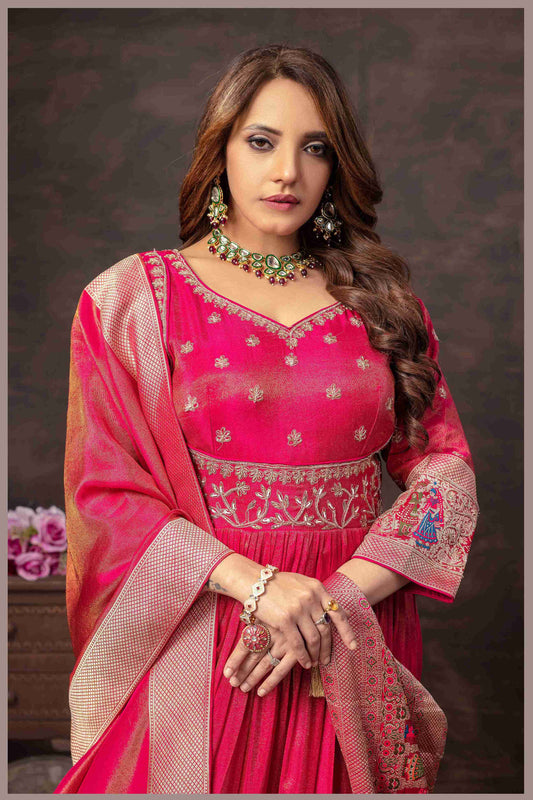 Pink Anarkali with Folk Motif Silk Dupatta