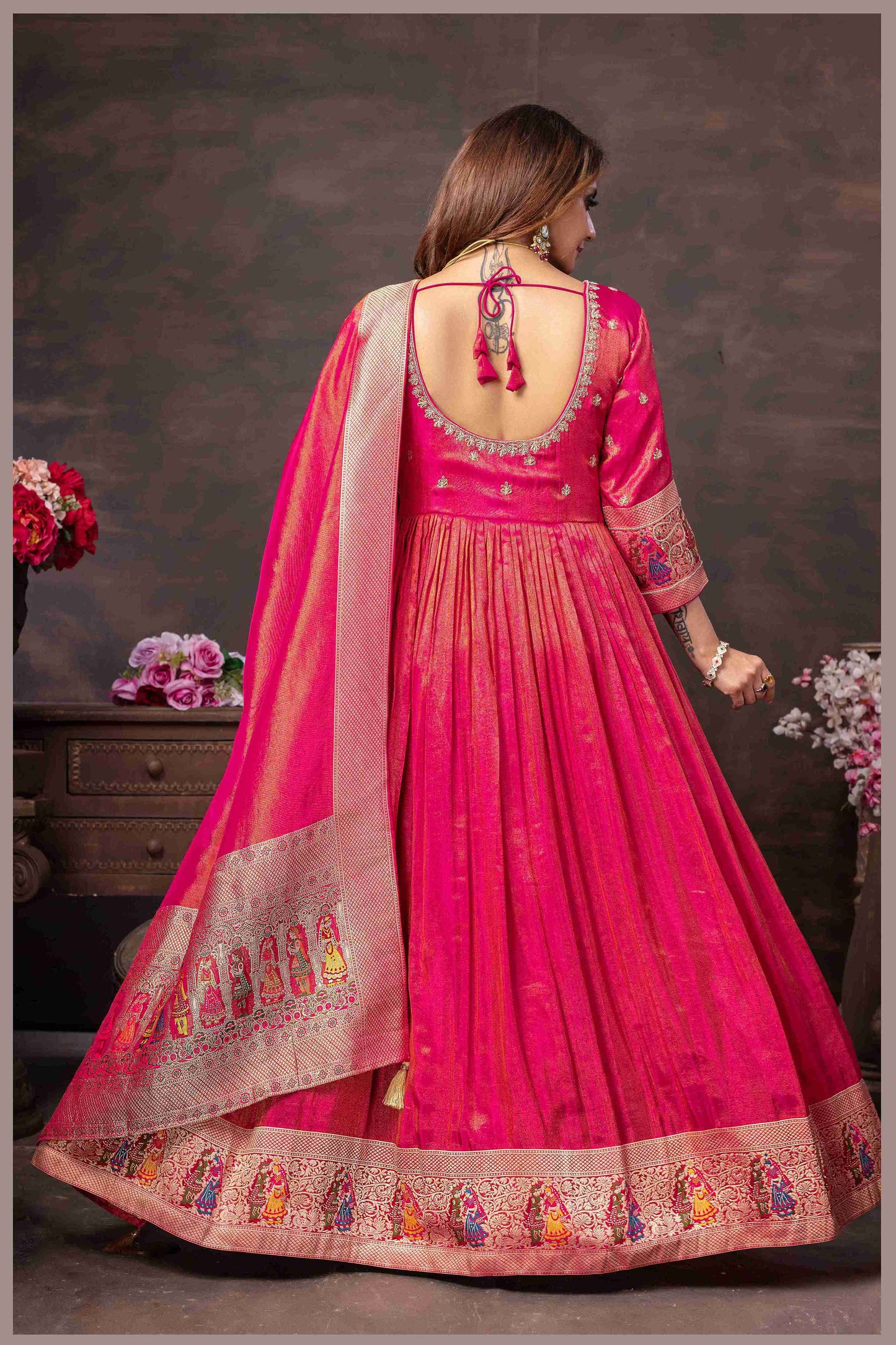 Pink Anarkali with Folk Motif Silk Dupatta