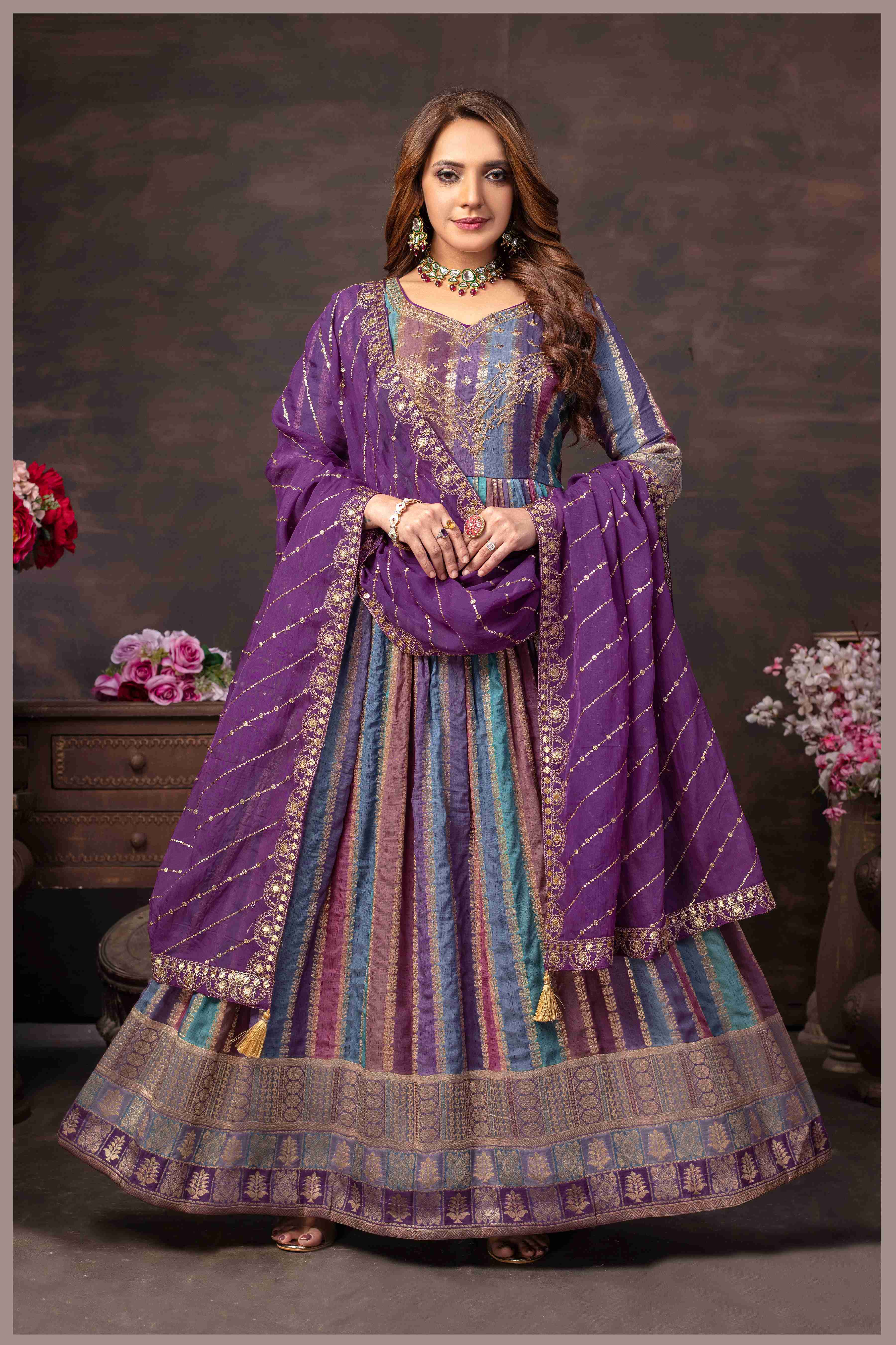 Royal Purple Multicolor Georgette Gown with Zari Embroidered Dupatta