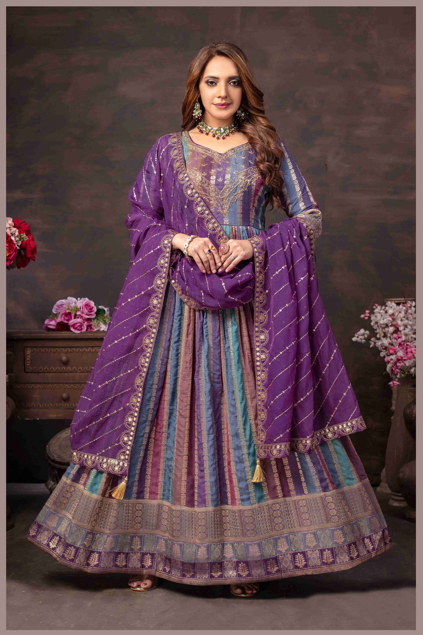 Royal Purple Multicolor Georgette Gown with Zari Embroidered Dupatta