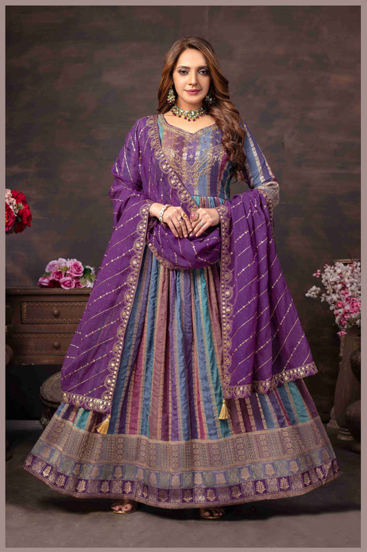 Royal Purple Multicolor Georgette Gown with Zari Embroidered Dupatta