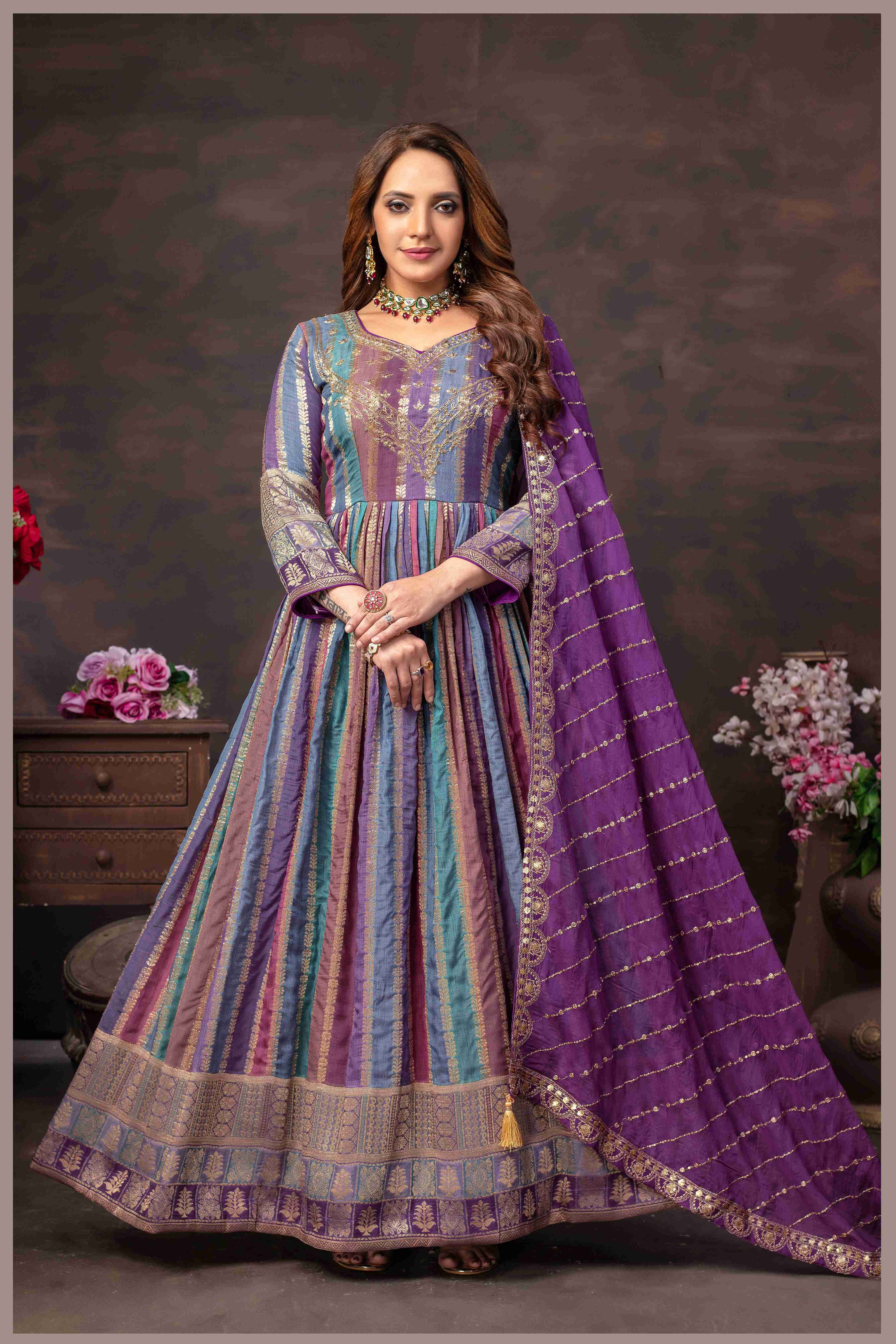 Royal Purple Multicolor Georgette Gown with Zari Embroidered Dupatta