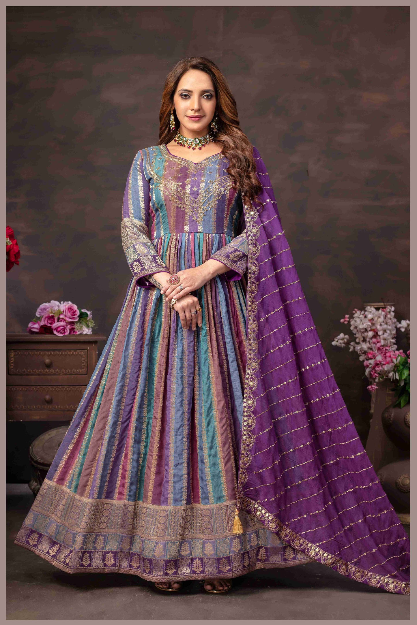 Royal Purple Multicolor Georgette Gown with Zari Embroidered Dupatta