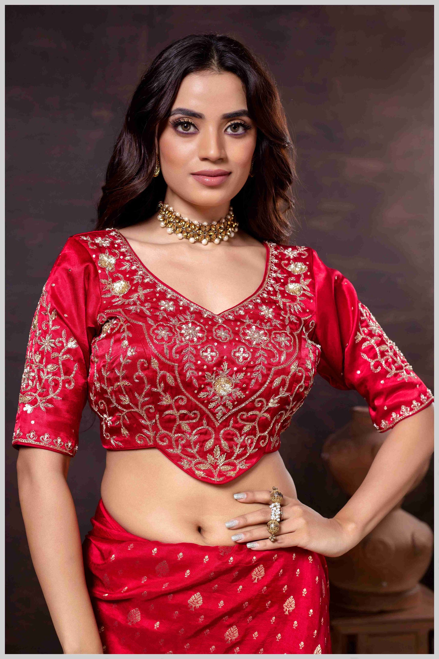 Vibrant Red Zari Banarasi Silk Saree with Embroidered Stitched Blouse