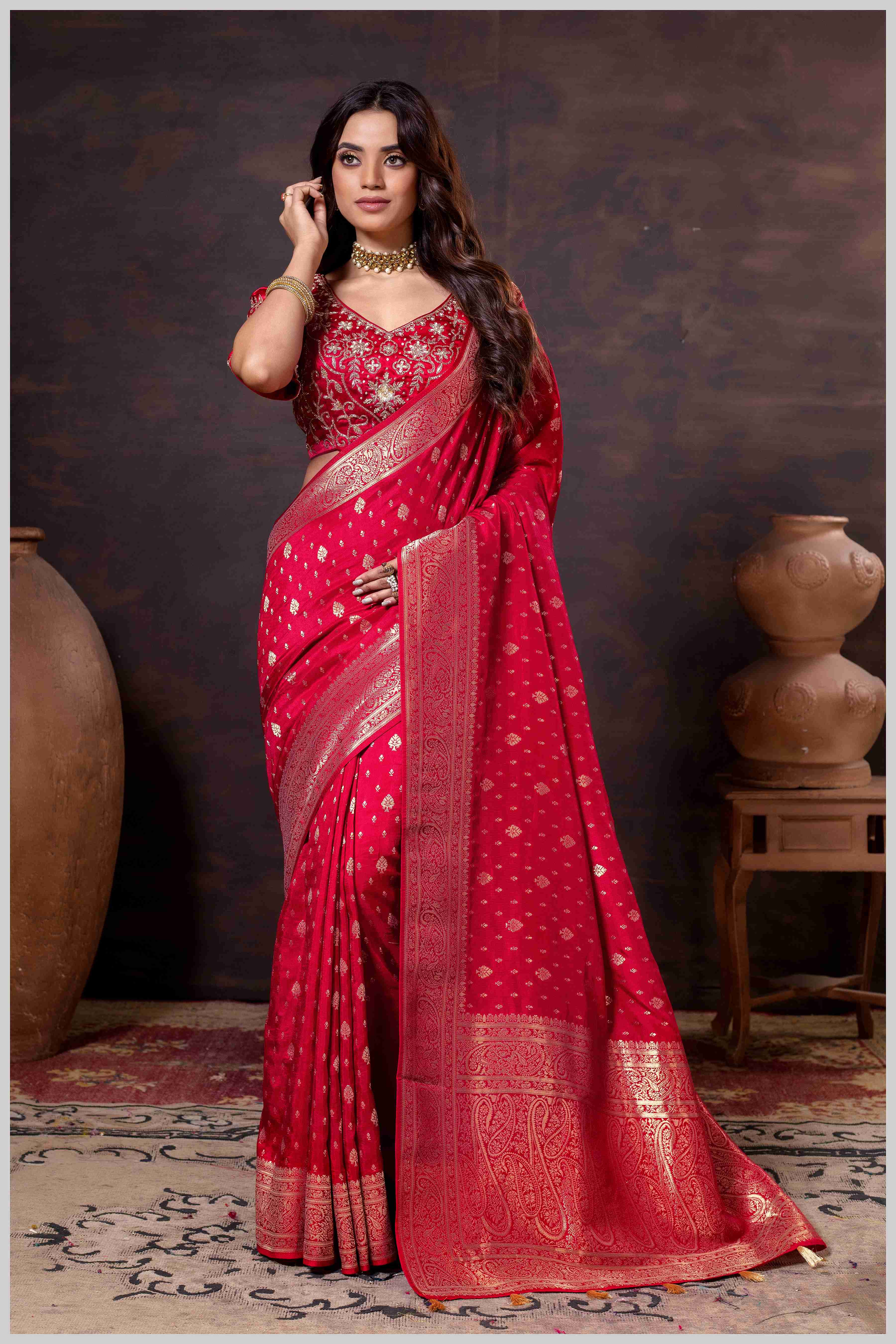 Vibrant Red Zari Banarasi Silk Saree with Embroidered Stitched Blouse