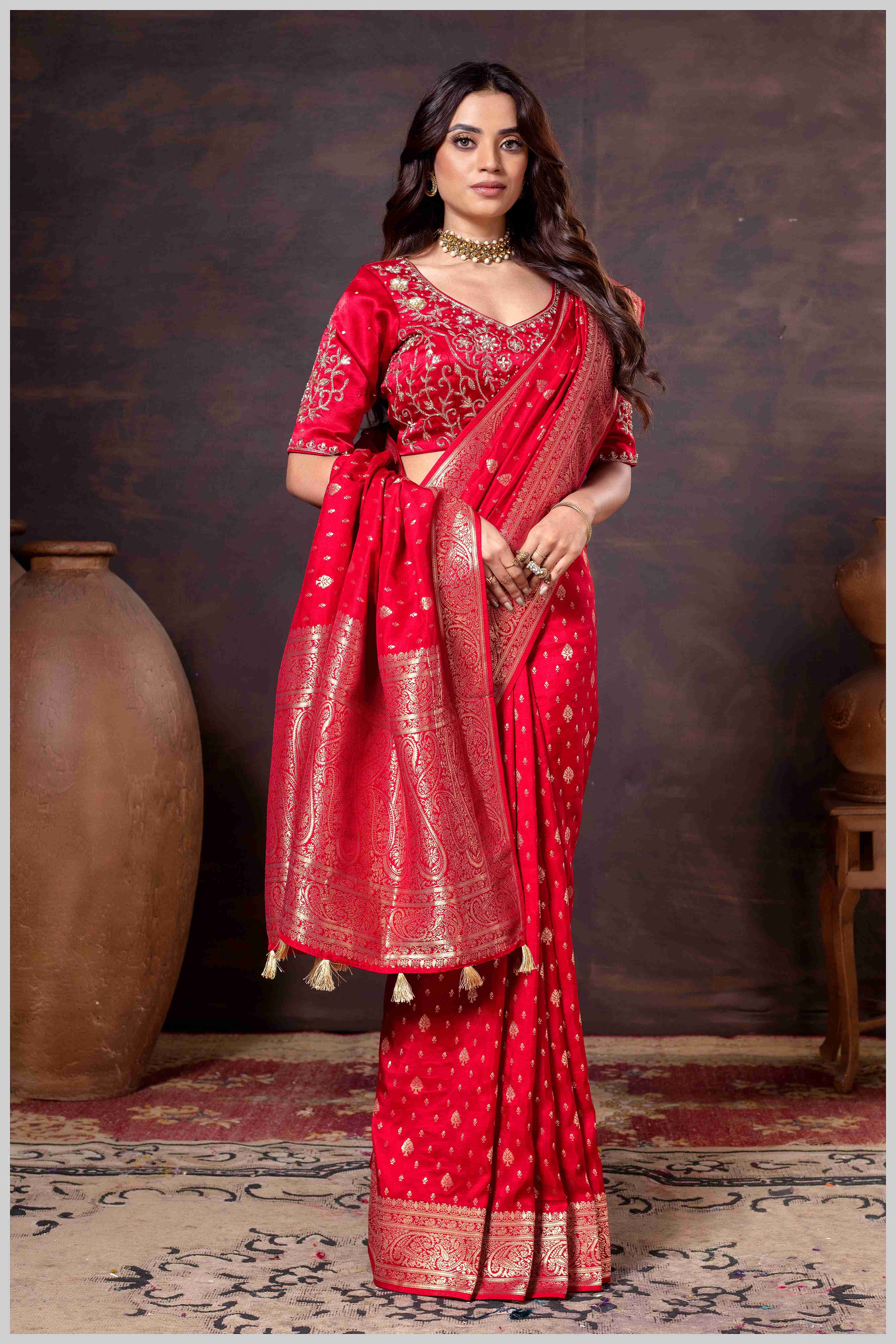 Vibrant Red Zari Banarasi Silk Saree with Embroidered Stitched Blouse