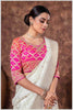 Royal Radiance: Off White Banarasi Saree & Pink Blouse with Silver Zari Detailing