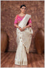 Royal Radiance: Off White Banarasi Saree & Pink Blouse with Silver Zari Detailing