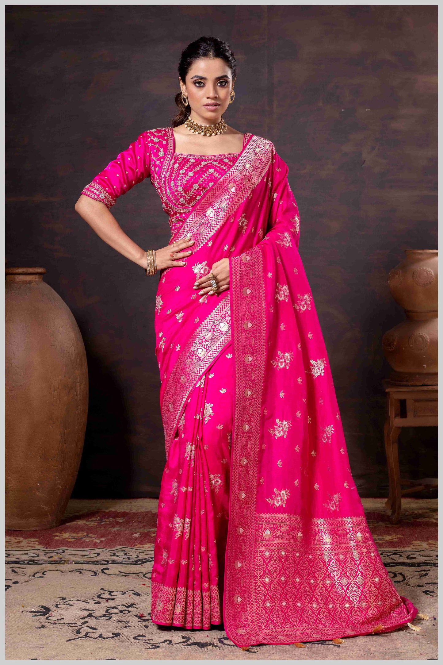 Regal Dark Pink Zari Woven Silk Saree with Stitched Designer Blouse.