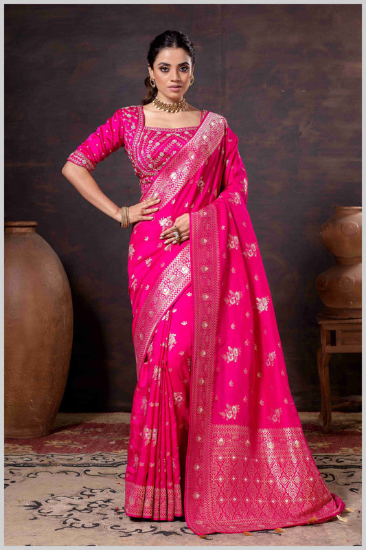 Regal Dark Pink Zari Woven Silk Saree with Stitched Designer Blouse.