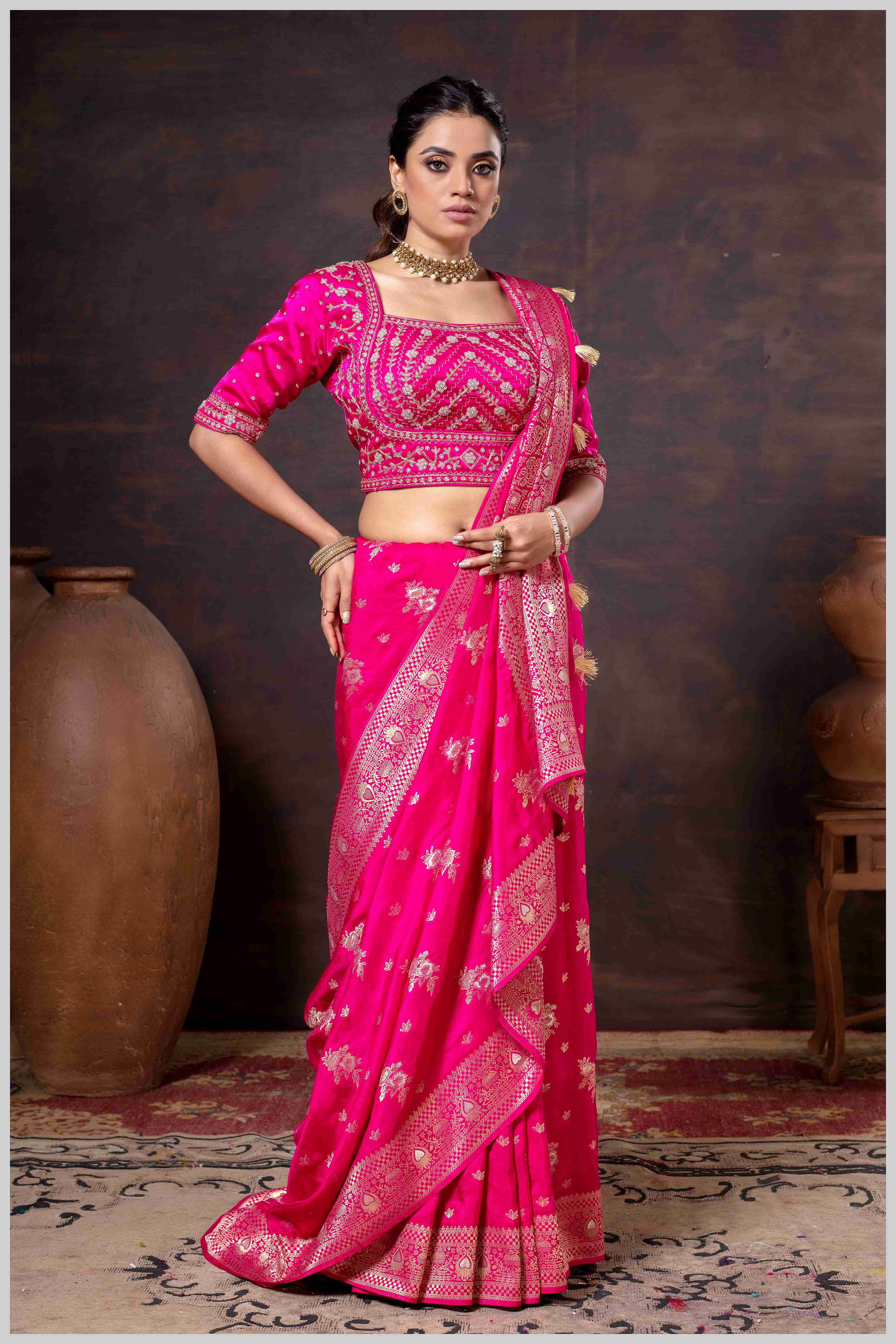 Regal Dark Pink Zari Woven Silk Saree with Stitched Designer Blouse.
