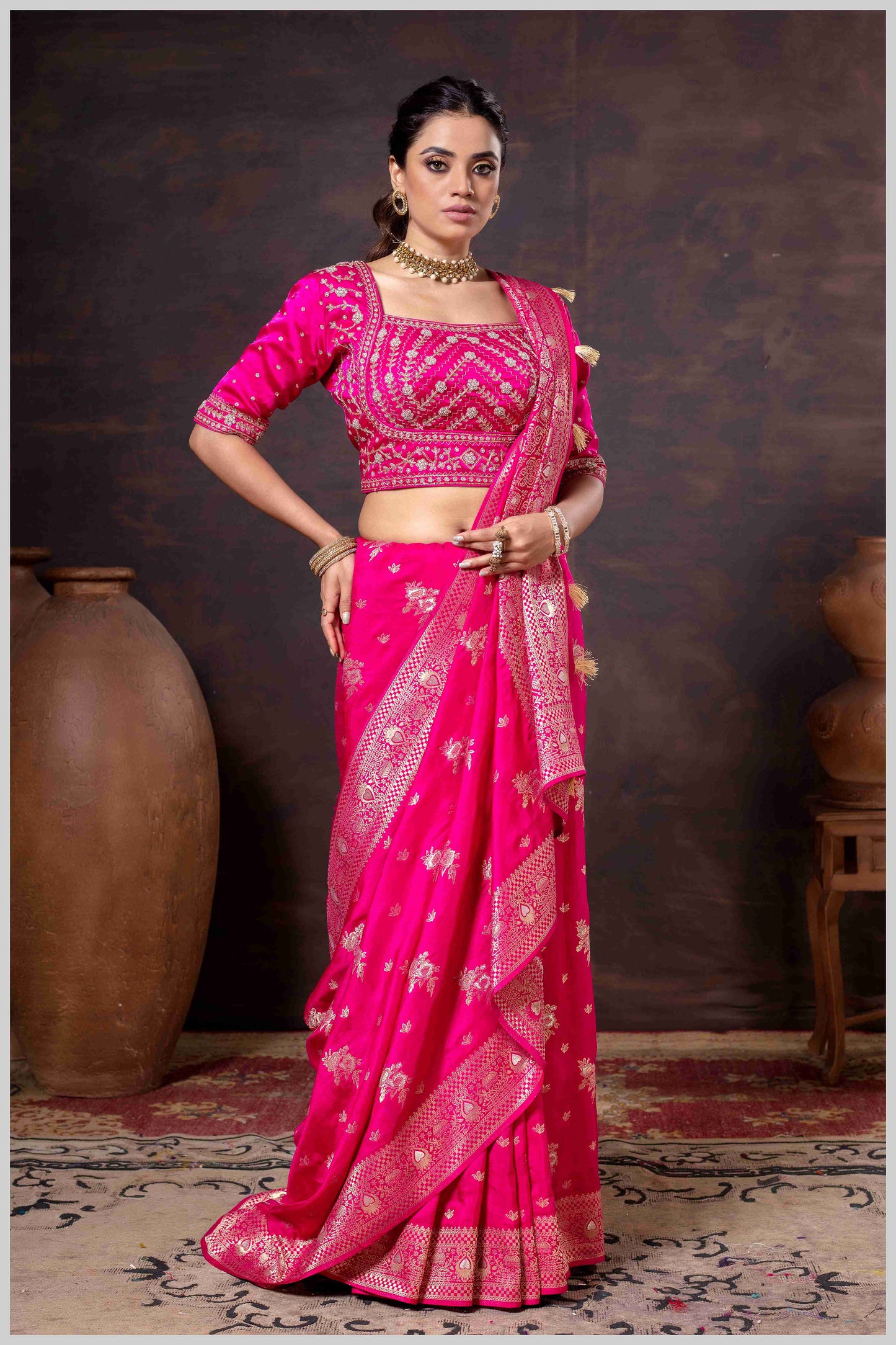 Regal Dark Pink Zari Woven Silk Saree with Stitched Designer Blouse.