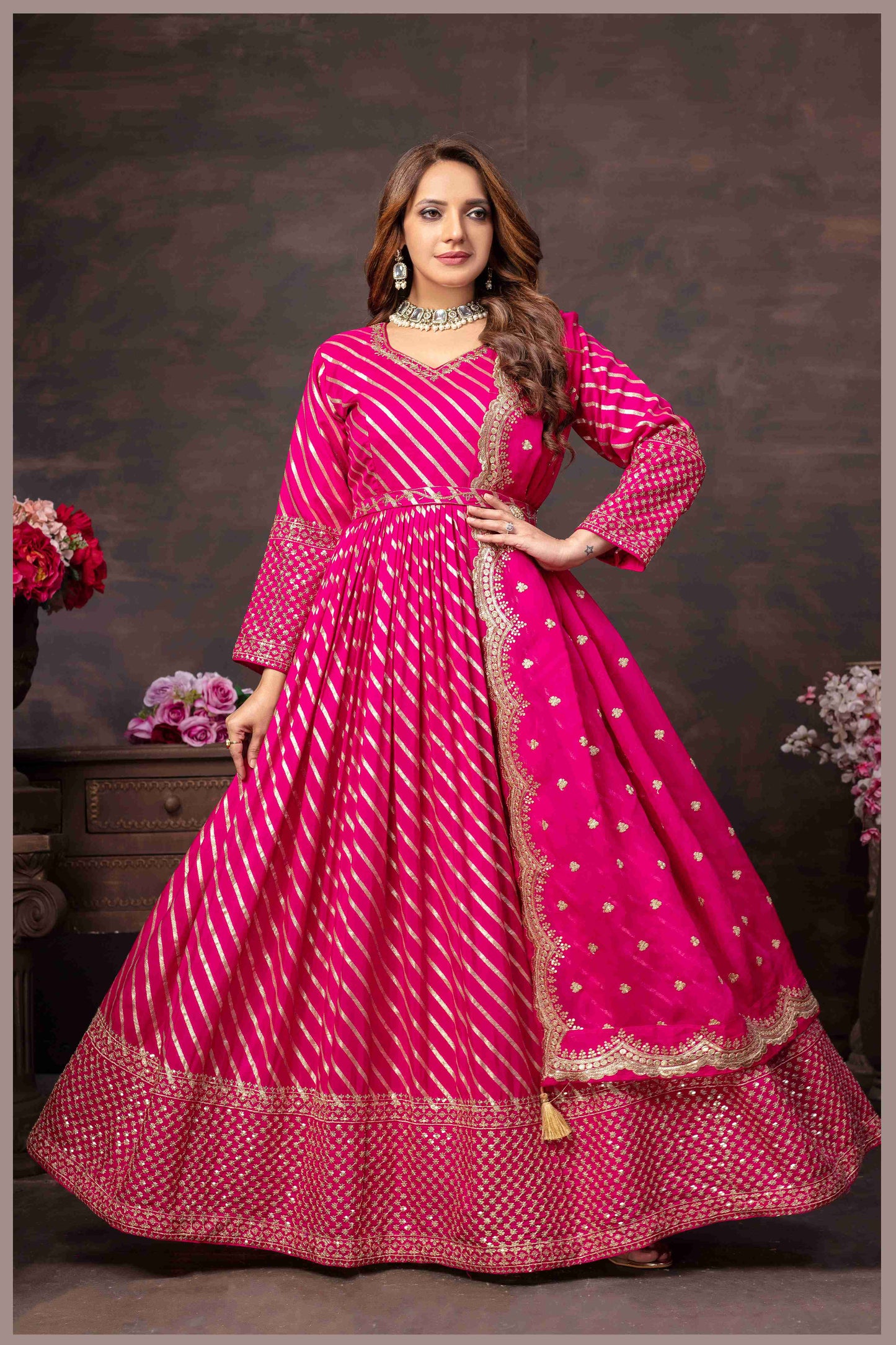 Rani Pink Anarkali with Mirror Work