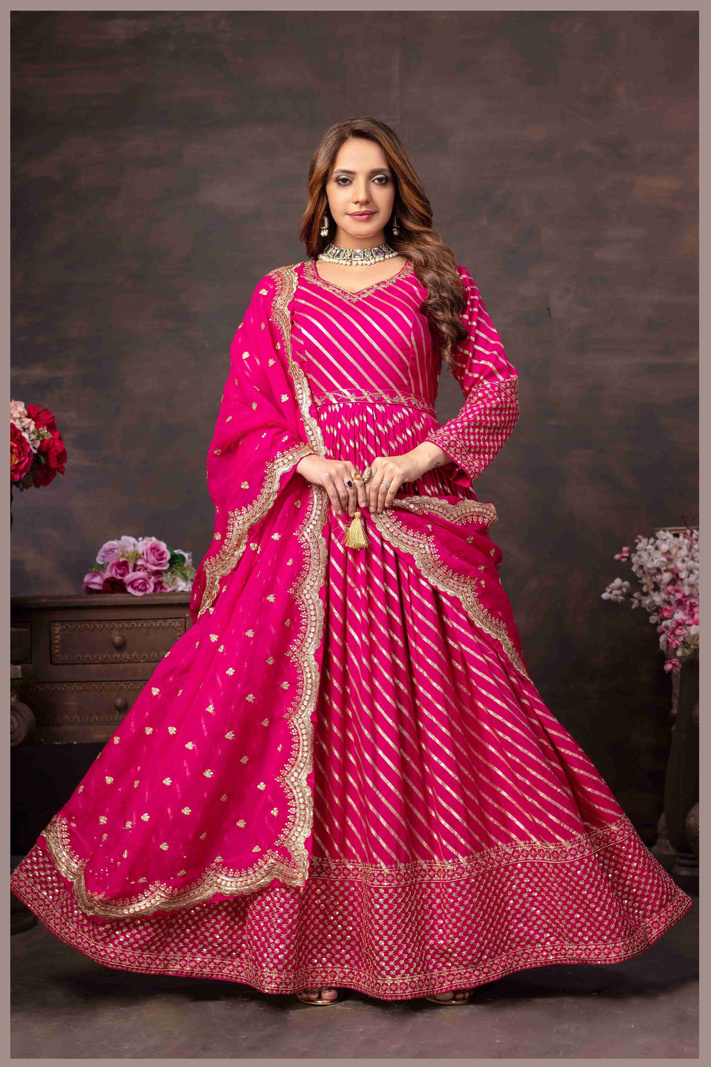 Rani Pink Anarkali with Mirror Work