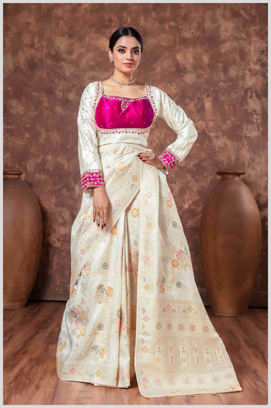 off-white Banarasi Silk Saree with Multicolor Floral Weaves