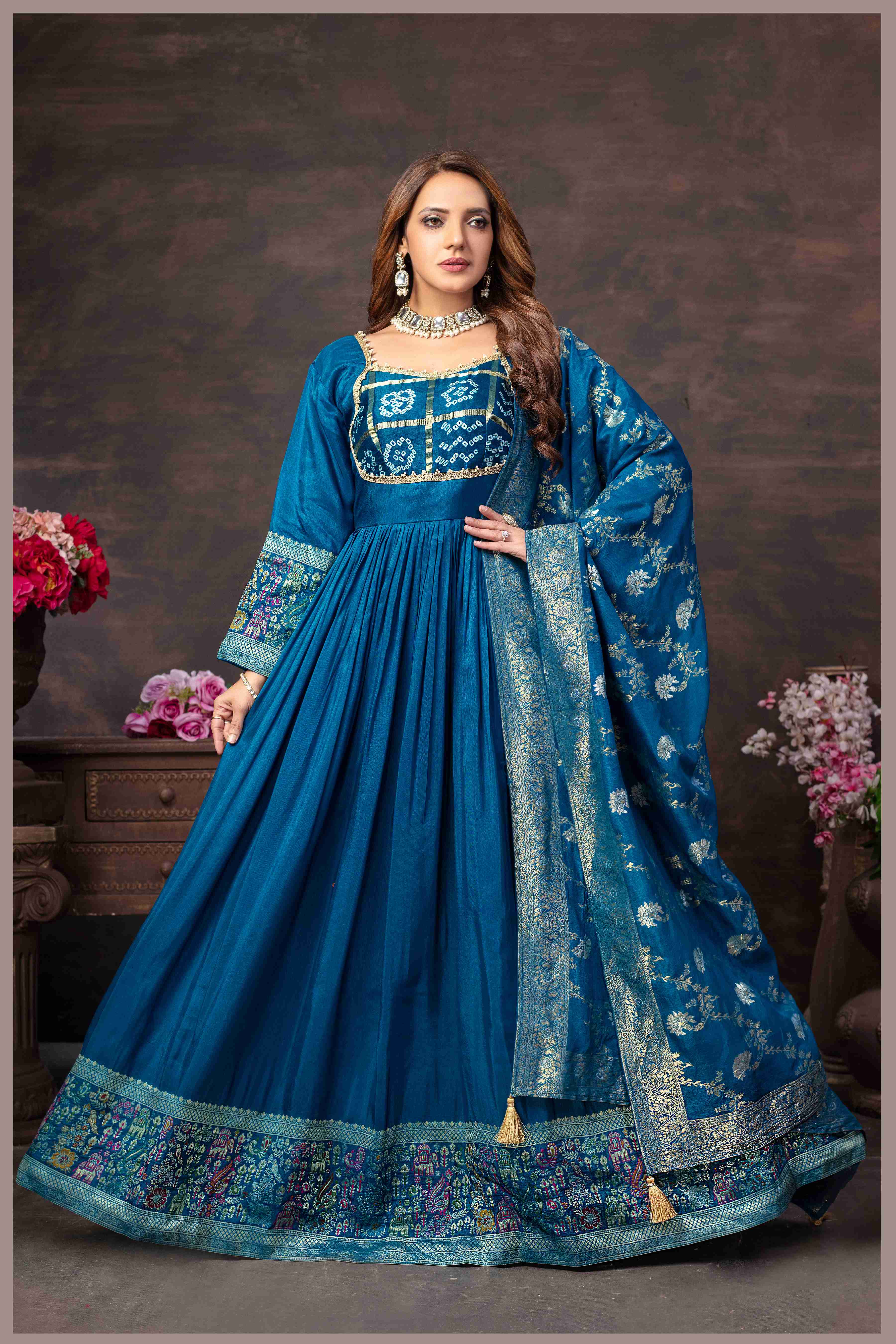 Teal Blue Anarkali Gown with Heavy Dupatta