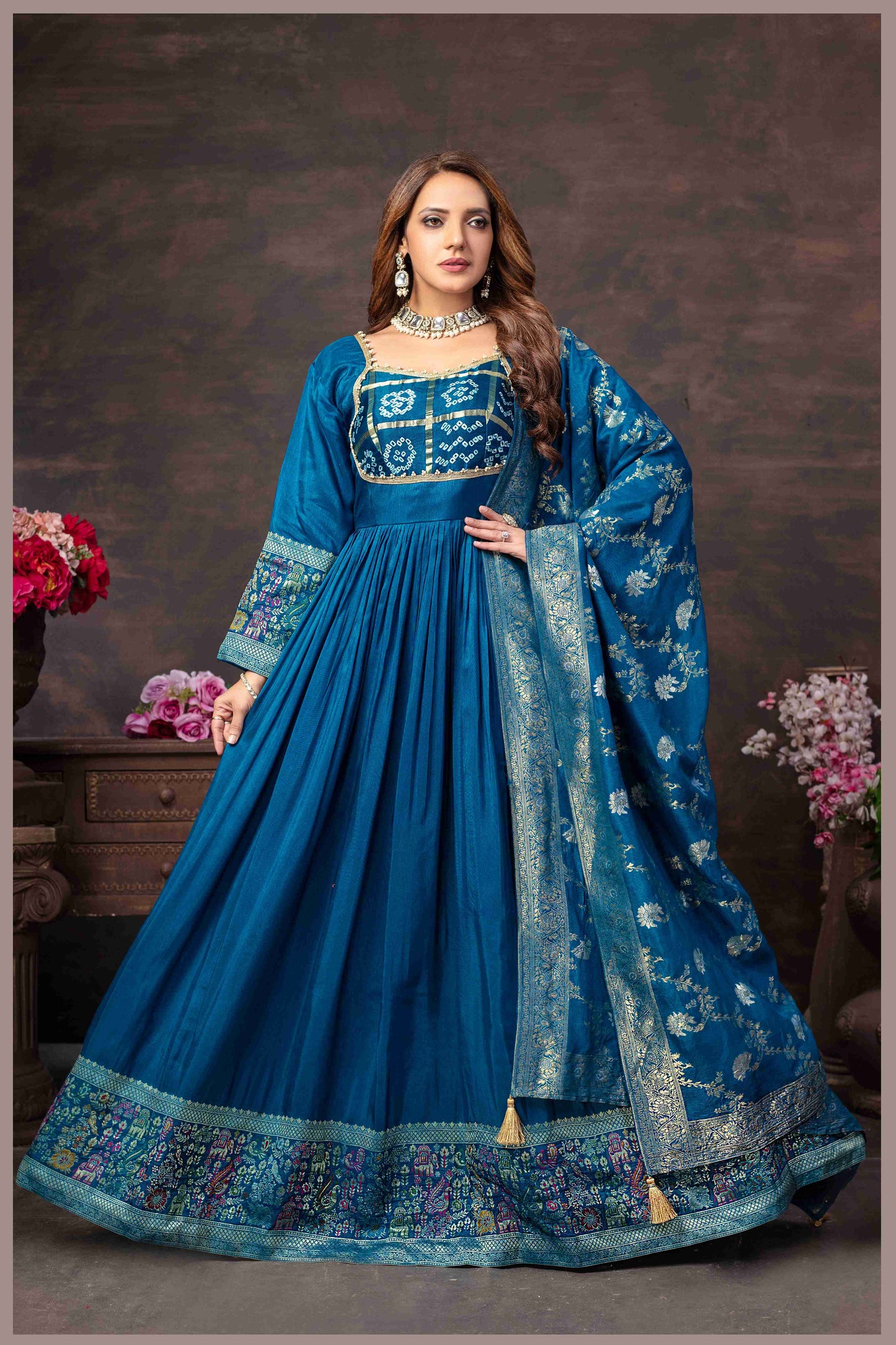 Teal Blue Anarkali Gown with Heavy Dupatta