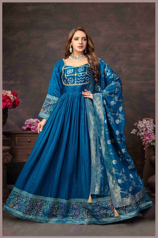 Teal Blue Anarkali Gown with Heavy Dupatta