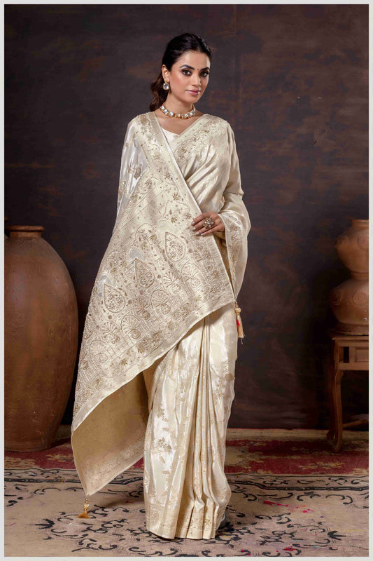 Grace in Bloom: Off White Tissue Saree with Woven Floral Vines