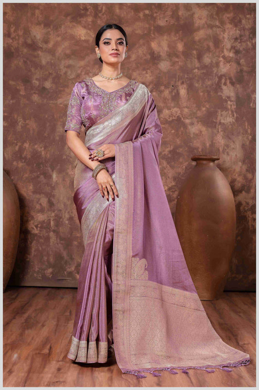 Zari Elegance in Lavender Tissue Saree With Work Blouse.