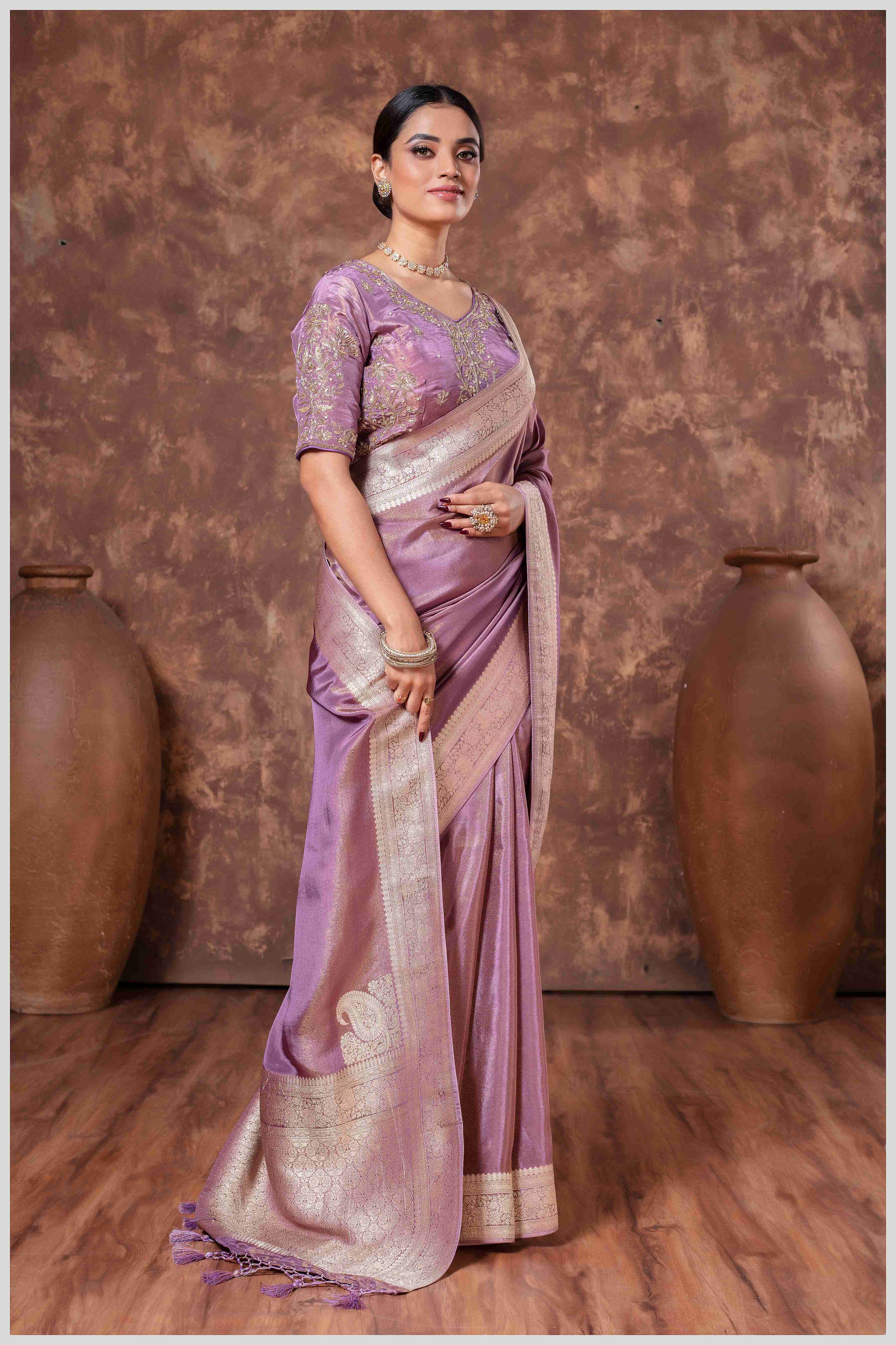 Zari Elegance in Lavender Tissue Saree With Work Blouse.