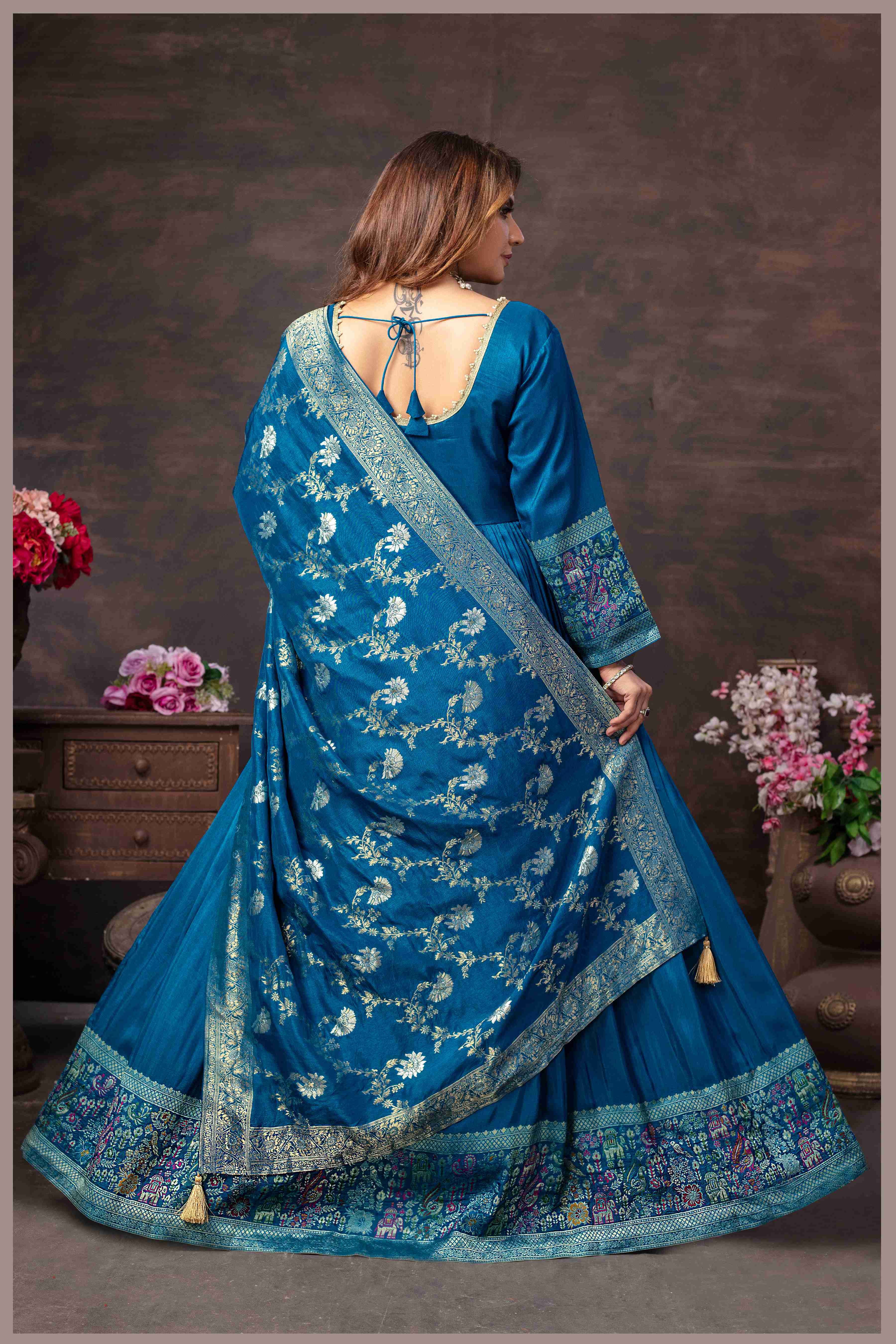Teal Blue Anarkali Gown with Heavy Dupatta