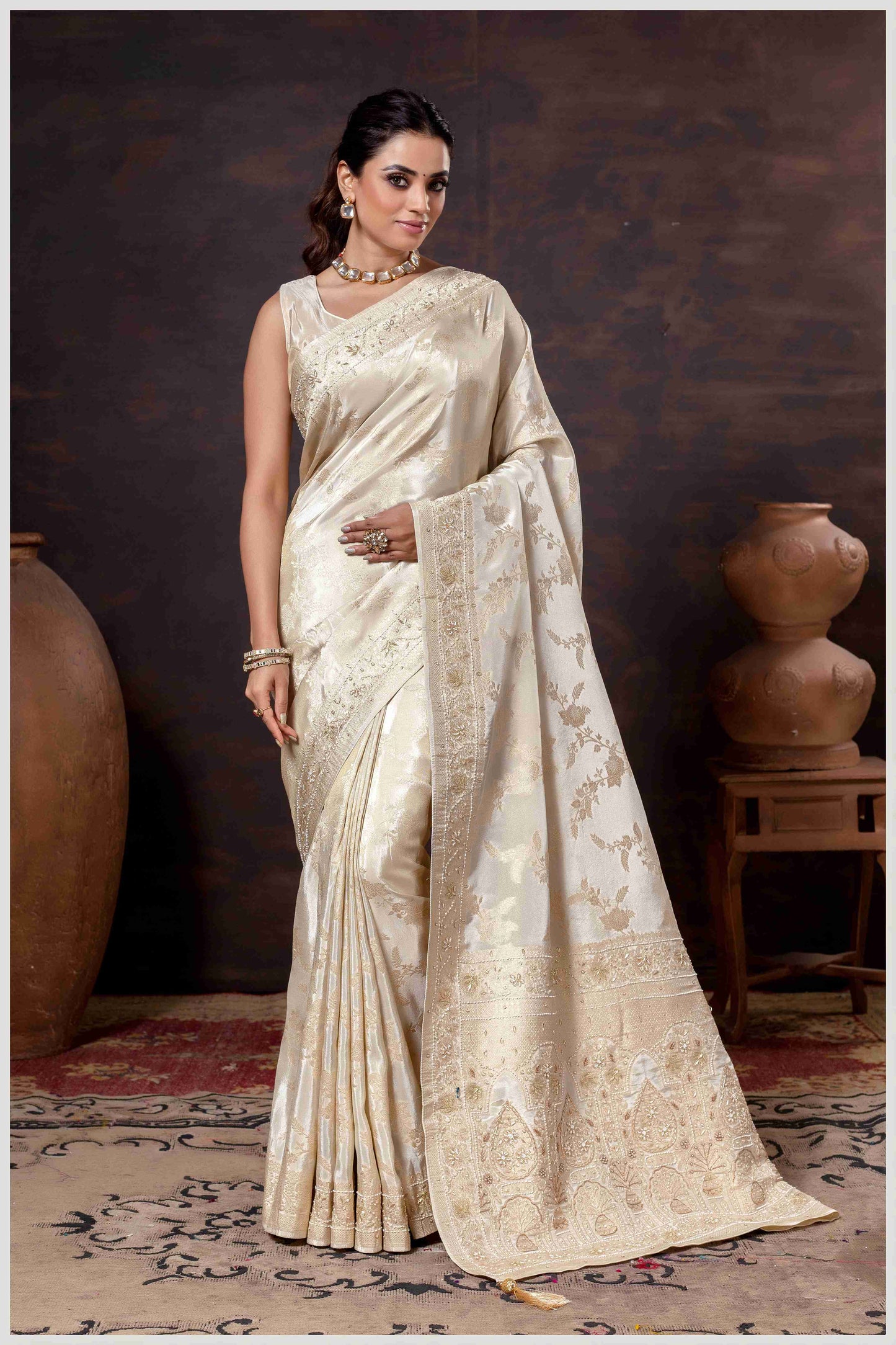 Grace in Bloom: Off White Tissue Saree with Woven Floral Vines